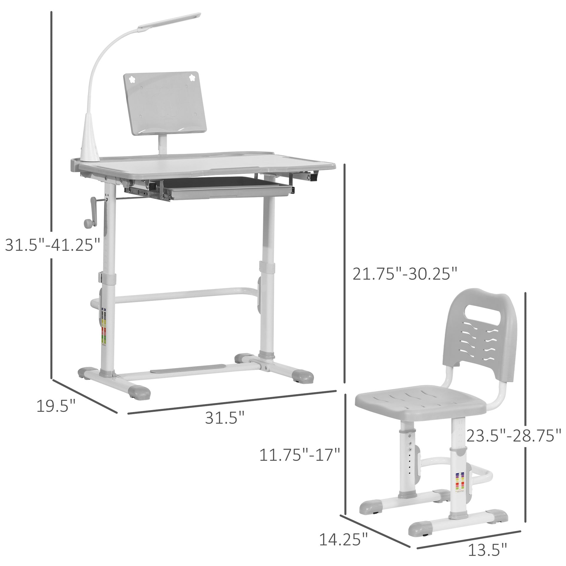 Qaba Kids Desk and Chair Set, Height Adjustable School Study Table and Chair, Student Writing Desk with Tilt Desktop, LED Light, Pen Box, Drawer, Reading Board, Cup Holder, and Pen Slots, Grey