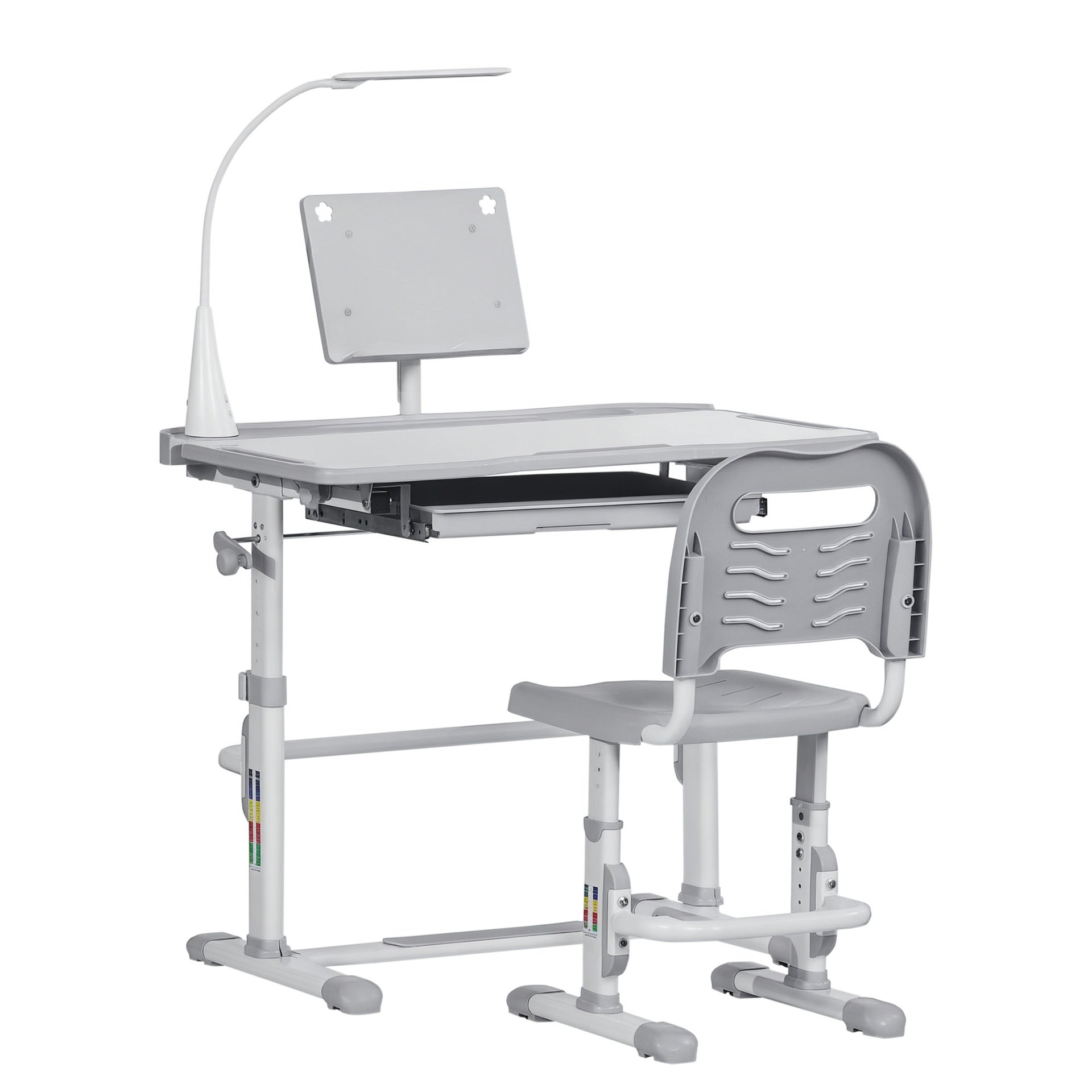 Qaba Kids Desk and Chair Set, Height Adjustable School Study Table and Chair, Student Writing Desk with Tilt Desktop, LED Light, Pen Box, Drawer, Reading Board, Cup Holder, and Pen Slots, Grey