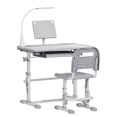 Qaba Kids Desk and Chair Set, Height Adjustable School Study Table and Chair, Student Writing Desk with Tilt Desktop, LED Light, Pen Box, Drawer, Reading Board, Cup Holder, and Pen Slots, Grey