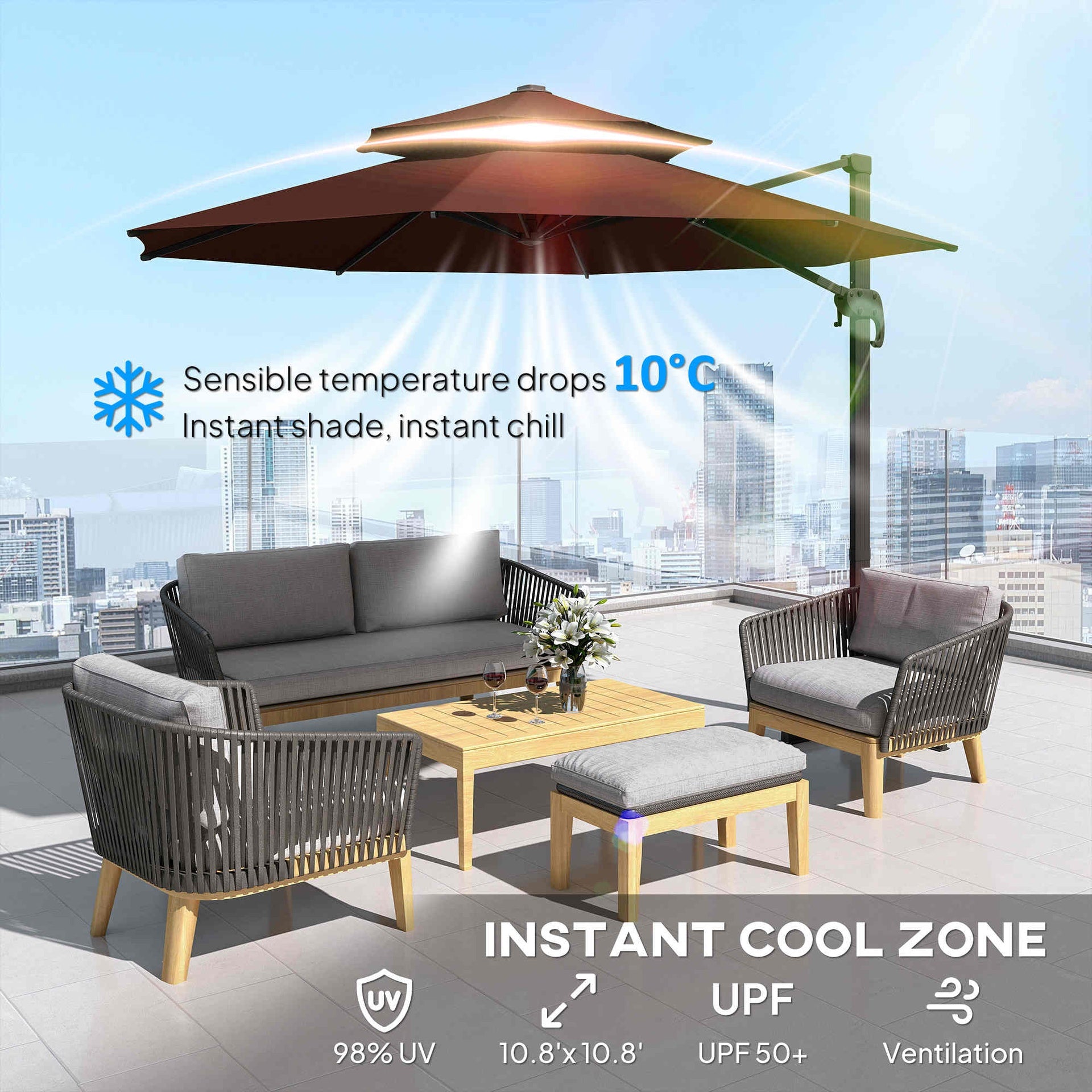 Outsunny 11ft Cantilever Patio Umbrella with Base, Double Top Hanging Aluminum Offset Umbrella with 360° Rotation, Easy Tilt, 8 Ribs, Crank, Cross Base for Backyard, Brown