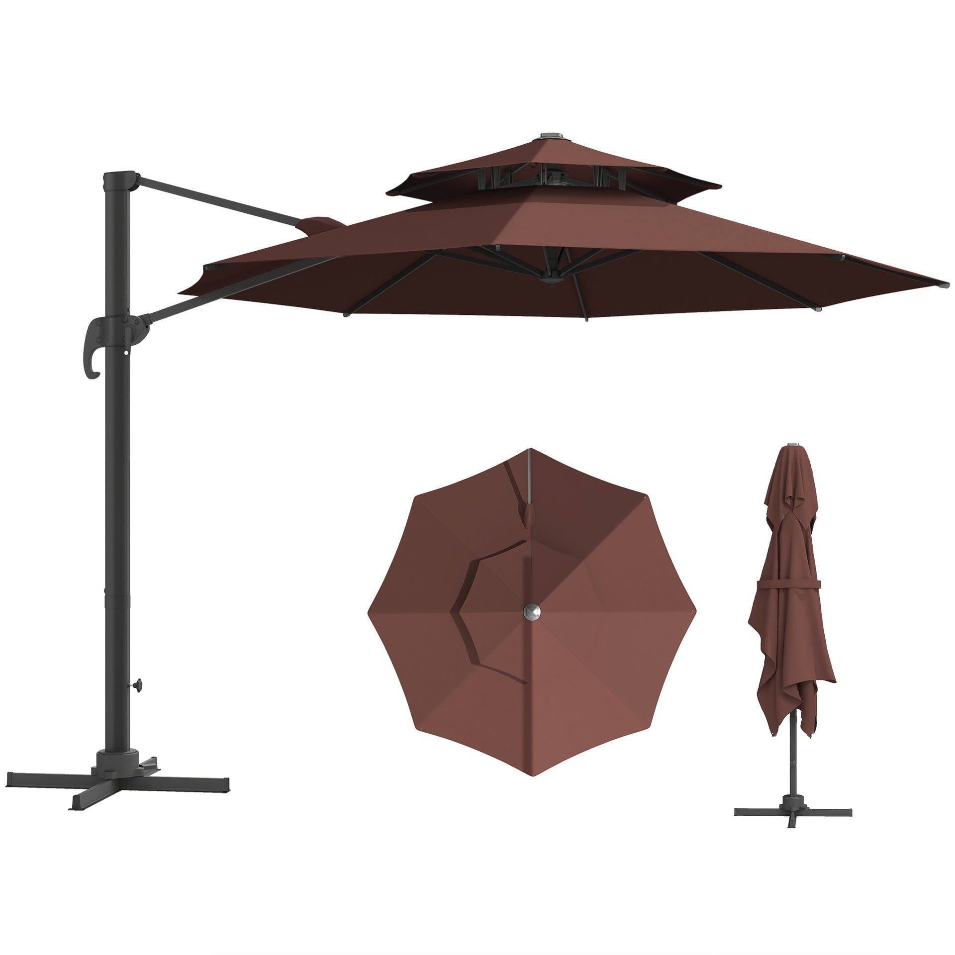 Outsunny 11ft Cantilever Patio Umbrella with Base, Double Top Hanging Aluminum Offset Umbrella with 360° Rotation, Easy Tilt, 8 Ribs, Crank, Cross Base for Backyard, Brown