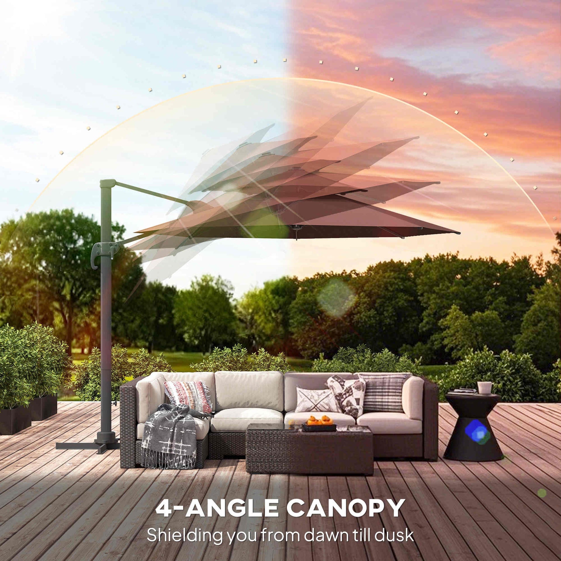 Outsunny 11ft Cantilever Patio Umbrella with Base, Double Top Hanging Aluminum Offset Umbrella with 360° Rotation, Easy Tilt, 8 Ribs, Crank, Cross Base for Backyard, Brown