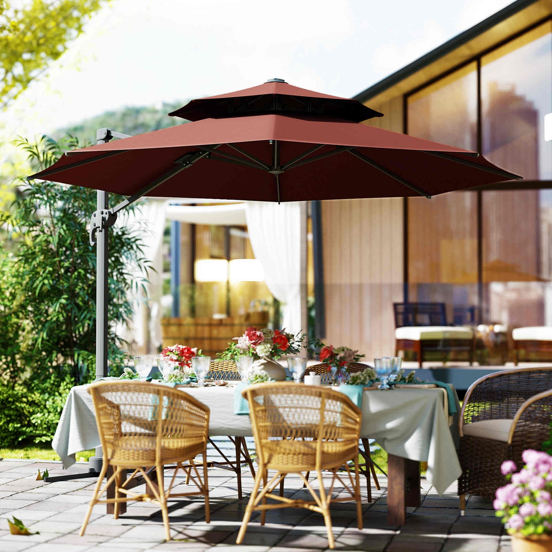 Outsunny 11ft Cantilever Patio Umbrella with Base, Double Top Hanging Aluminum Offset Umbrella with 360° Rotation, Easy Tilt, 8 Ribs, Crank, Cross Base for Backyard, Brown