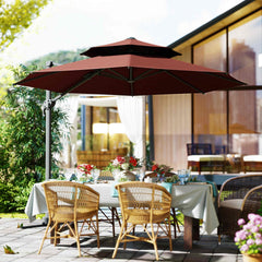 Outsunny 11ft Cantilever Patio Umbrella with Base, Double Top Hanging Aluminum Offset Umbrella with 360° Rotation, Easy Tilt, 8 Ribs, Crank, Cross Base for Backyard, Brown
