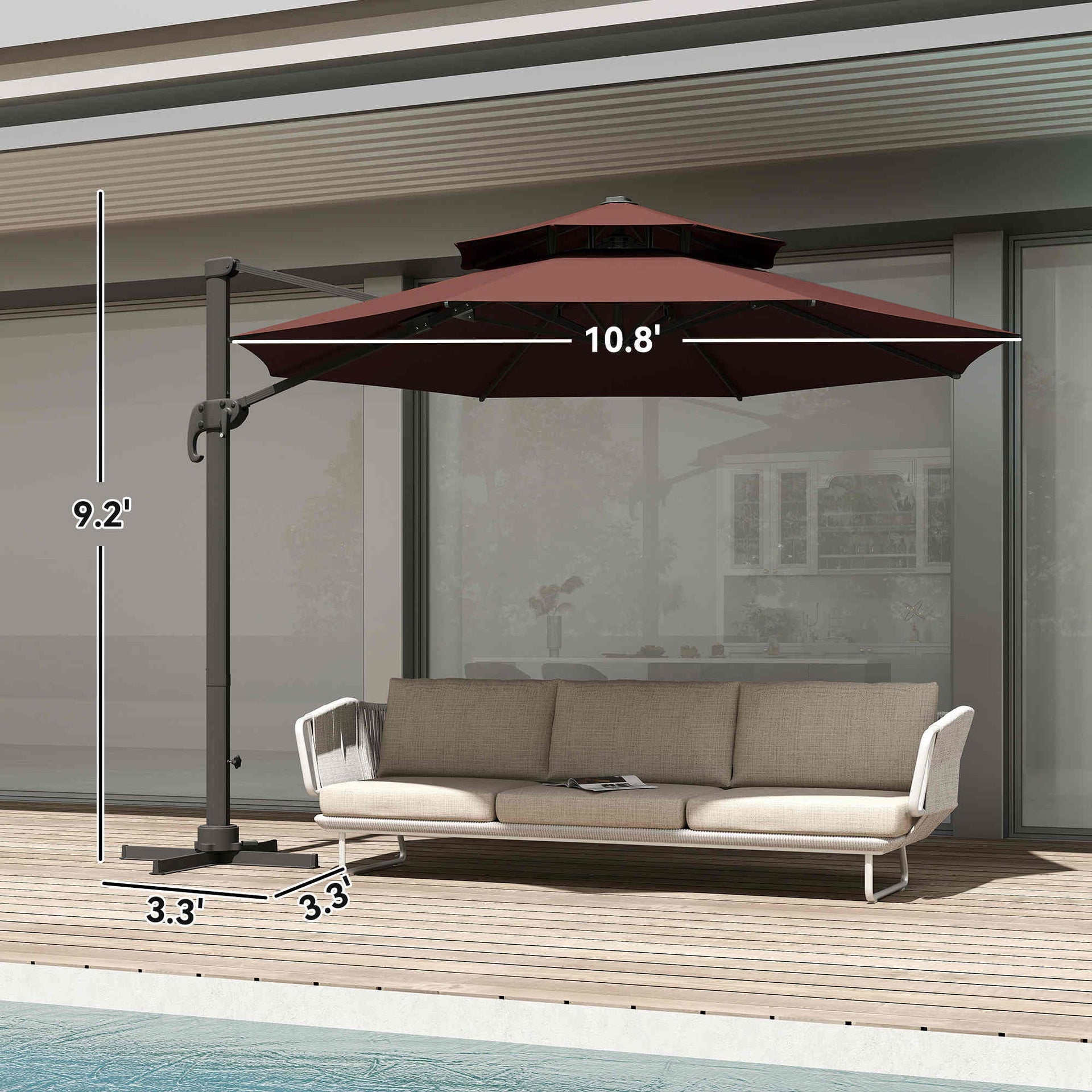 Outsunny 11ft Cantilever Patio Umbrella with Base, Double Top Hanging Aluminum Offset Umbrella with 360° Rotation, Easy Tilt, 8 Ribs, Crank, Cross Base for Backyard, Brown
