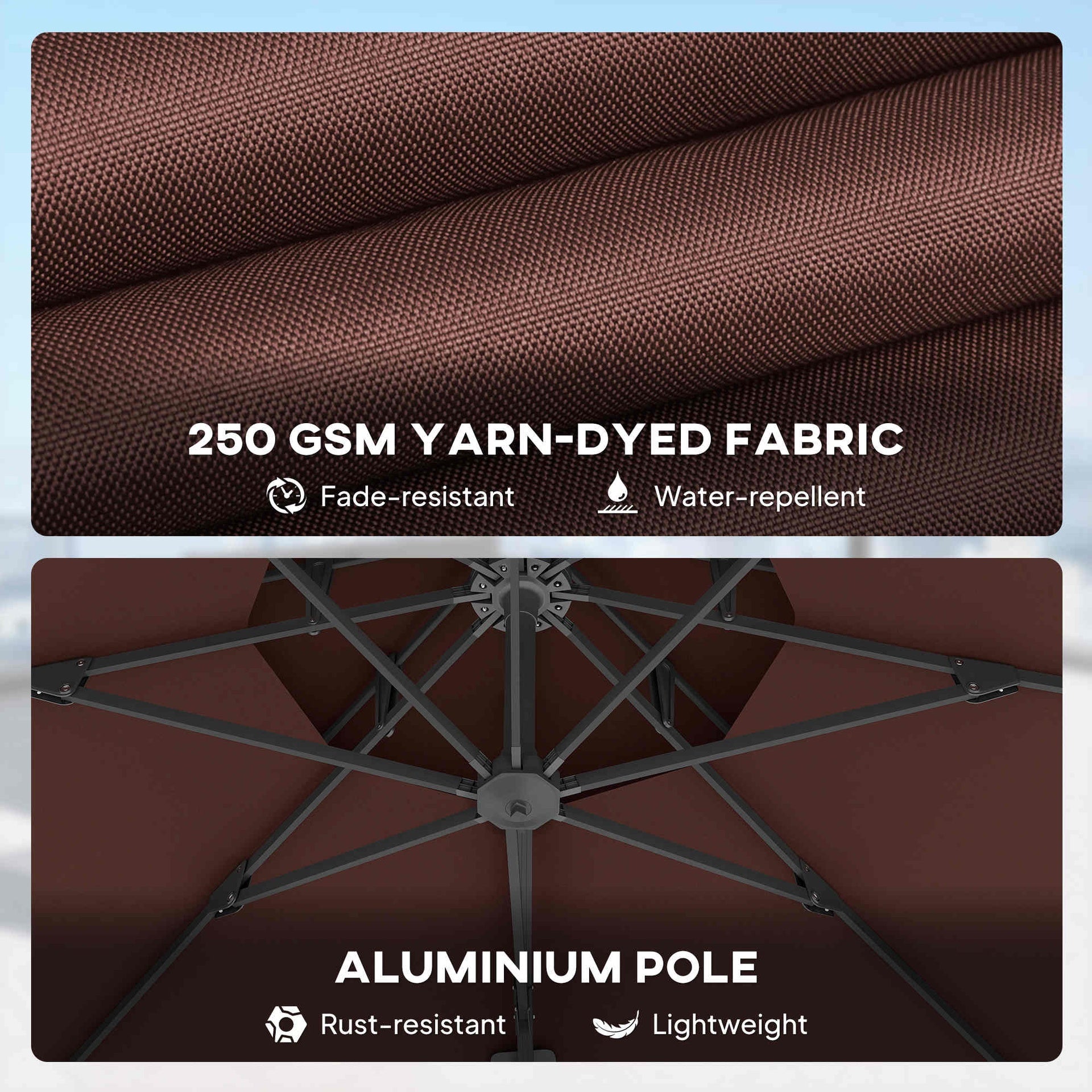 Outsunny 11ft Cantilever Patio Umbrella with Base, Double Top Hanging Aluminum Offset Umbrella with 360° Rotation, Easy Tilt, 8 Ribs, Crank, Cross Base for Backyard, Brown
