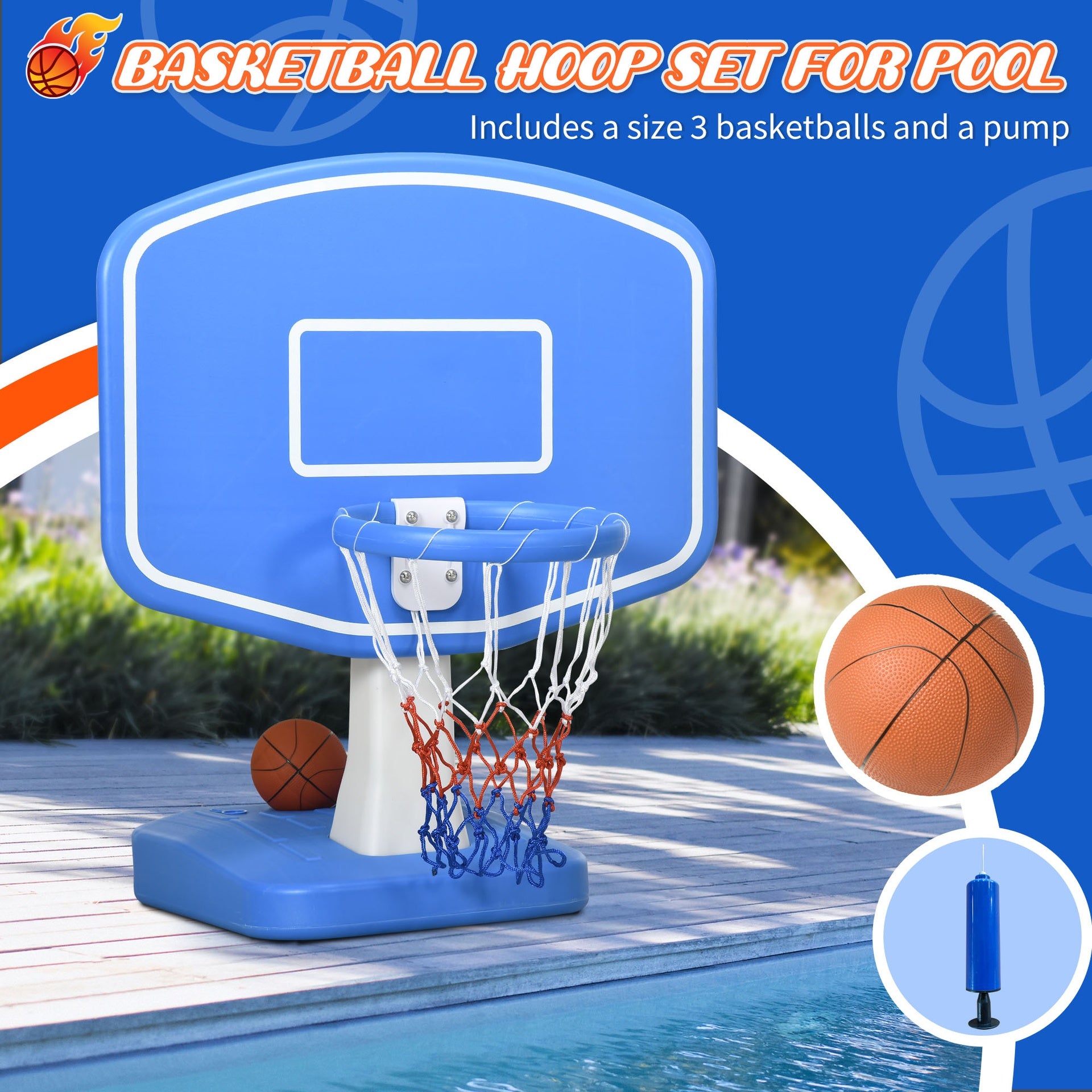 Outsunny Pool Basketball Hoop Poolside with Ball and Pump, Basketball Goal for Inground Pools and Swimming Pool Games, Blue