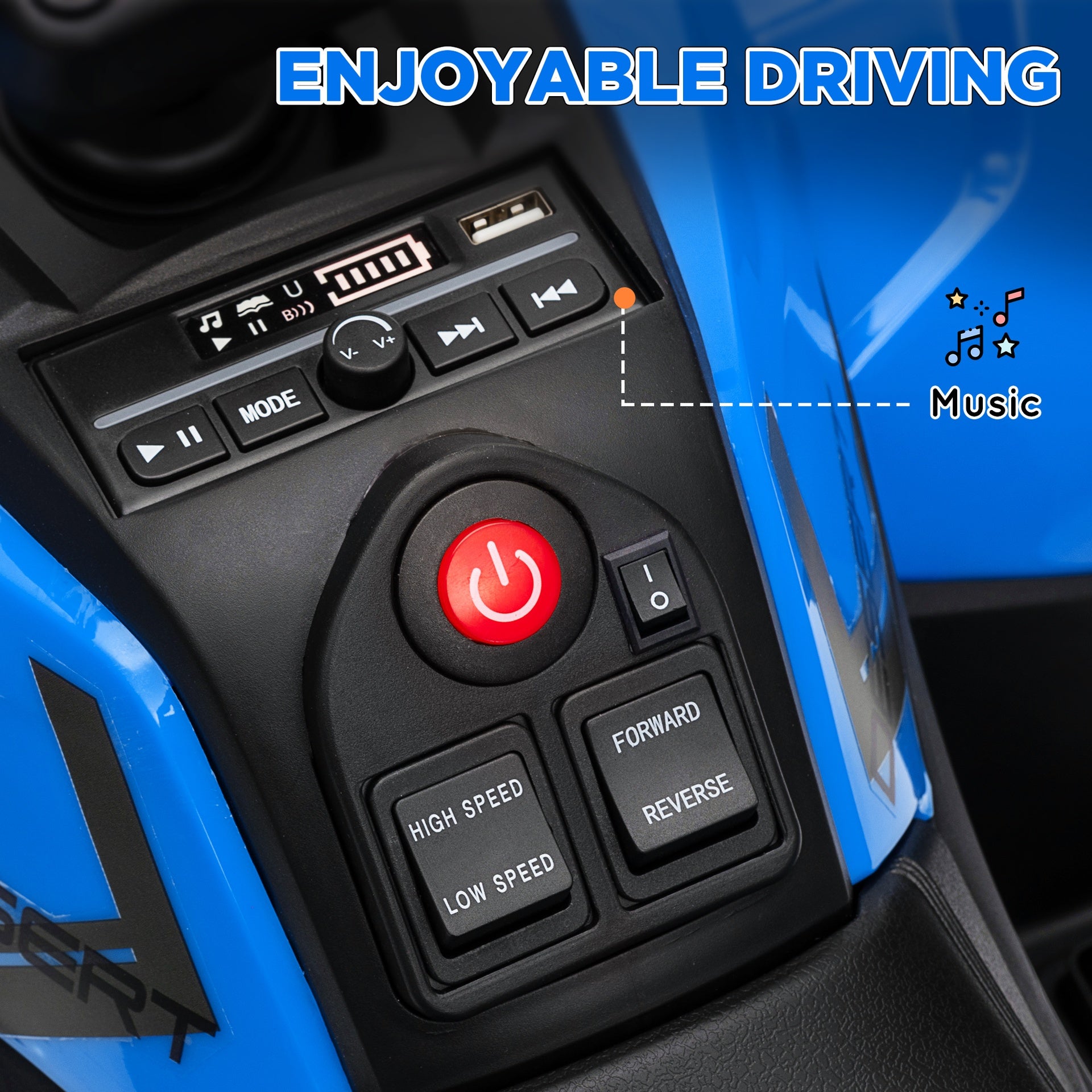 Qaba 12V Kids ATV, 4 Wheeler Quad with 4 Spring Suspension Wheels, LED Lights, Music USB, Blue