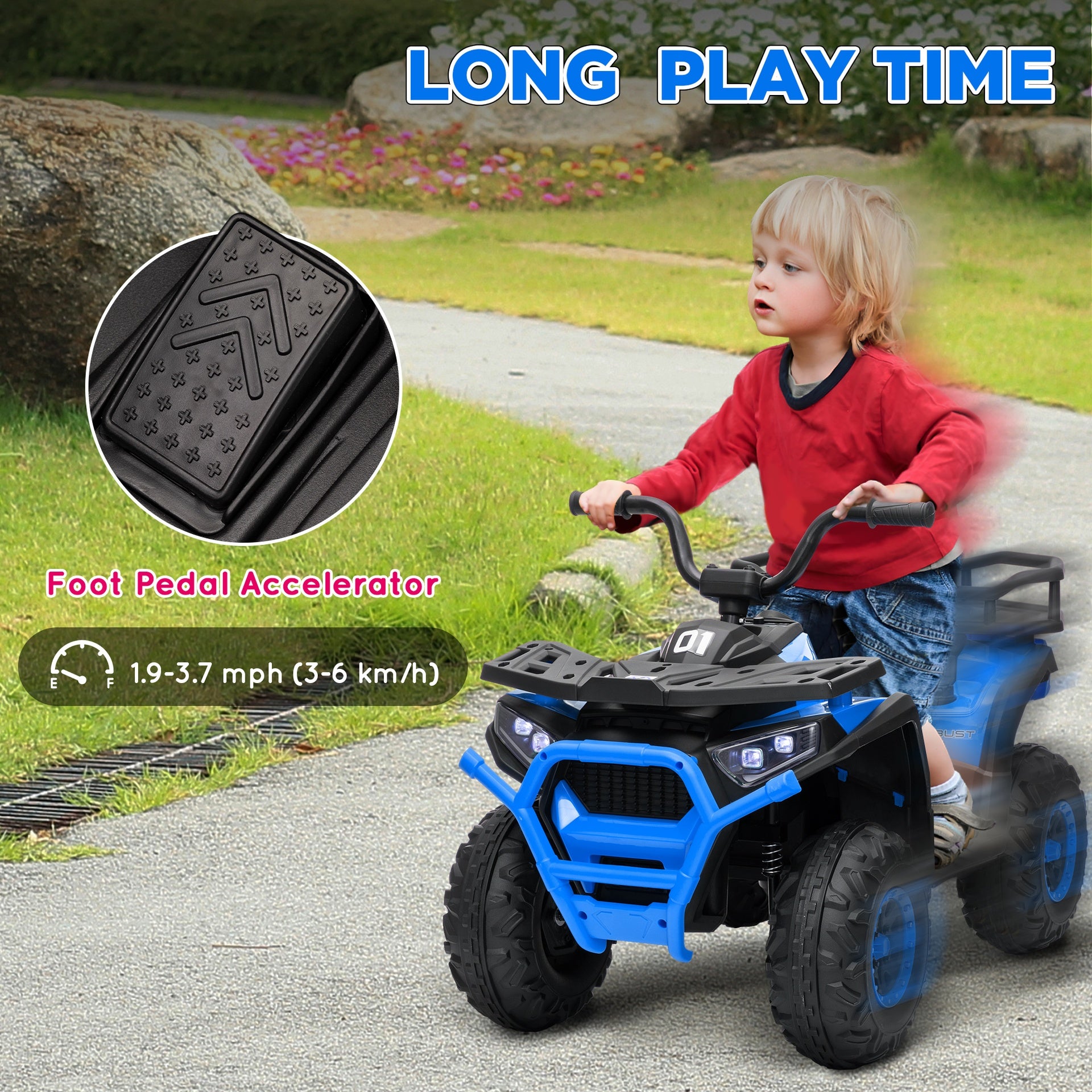 Qaba 12V Kids ATV, 4 Wheeler Quad with 4 Spring Suspension Wheels, LED Lights, Music USB, Blue