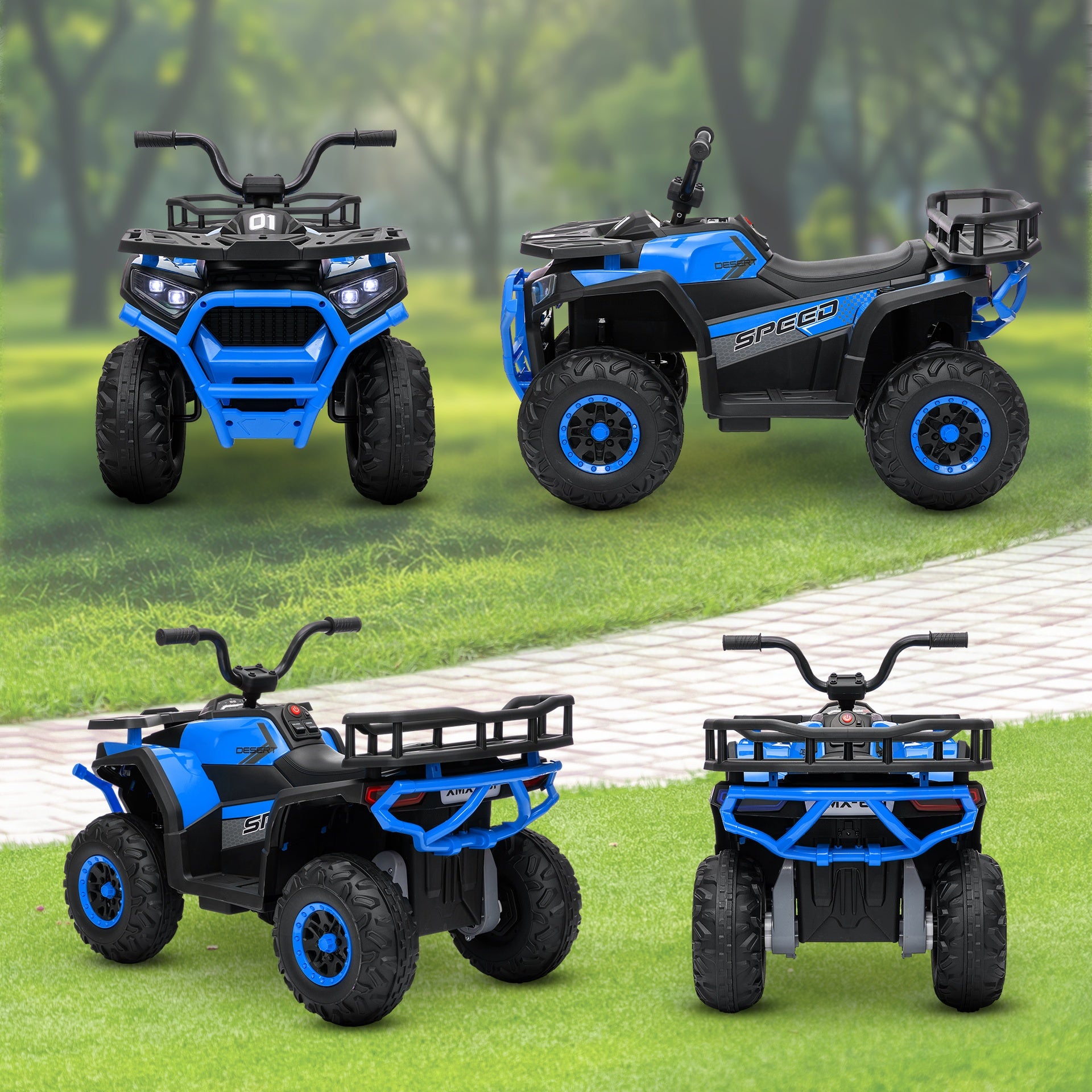Qaba 12V Kids ATV, 4 Wheeler Quad with 4 Spring Suspension Wheels, LED Lights, Music USB, Blue