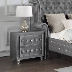 Glam Style 1pc Nightstand Button Tufted Full upholstered Frame Acrylic Buttons Gray Finish Bedroom Furniture