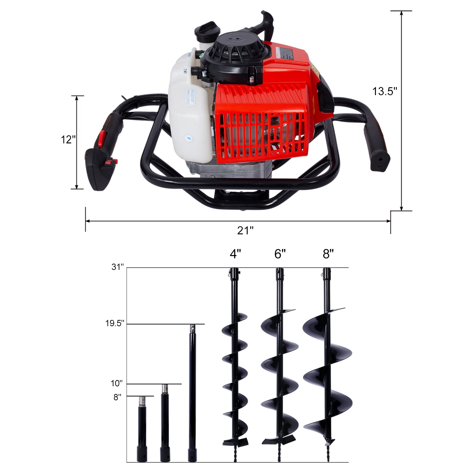 2.7HP Post Hole Digger 63cc Gas-Powered 2-Stroke Auger Digging Drill Shaft Size 3/4" ,EPA certificated with  L4"+L6"+L8" DRILL BITS+EXT ROD KITS