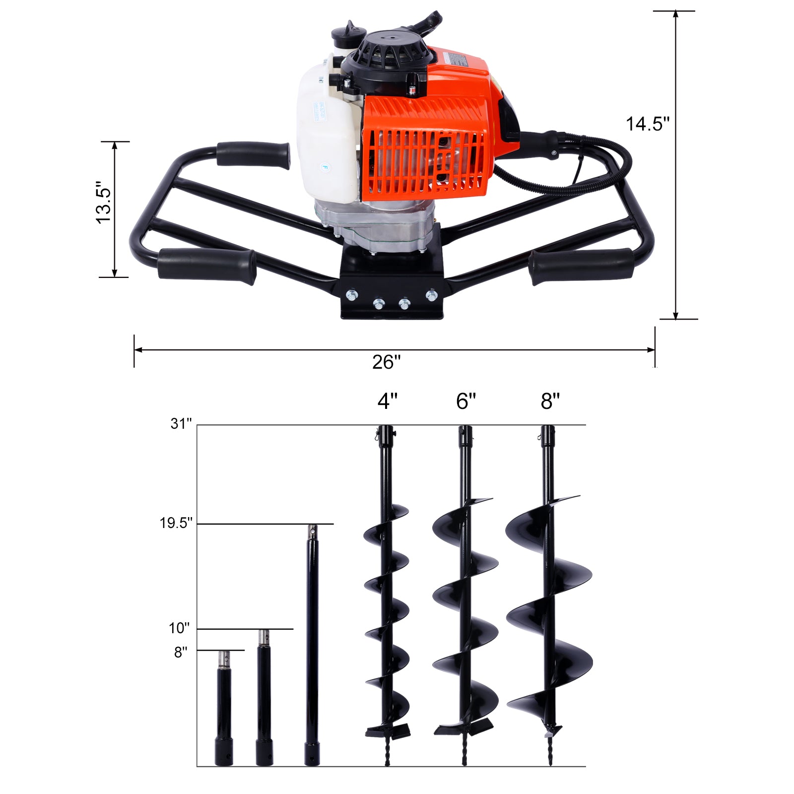 2.7HP Post Hole Digger 63cc two person handle Gas-Powered 2-Stroke Auger Digging Drill Shaft Size 3/4" (Machine Only)EPA COMPLAINT WithL4"+L6"+L8" DRILL BITS+EXT ROD KITS