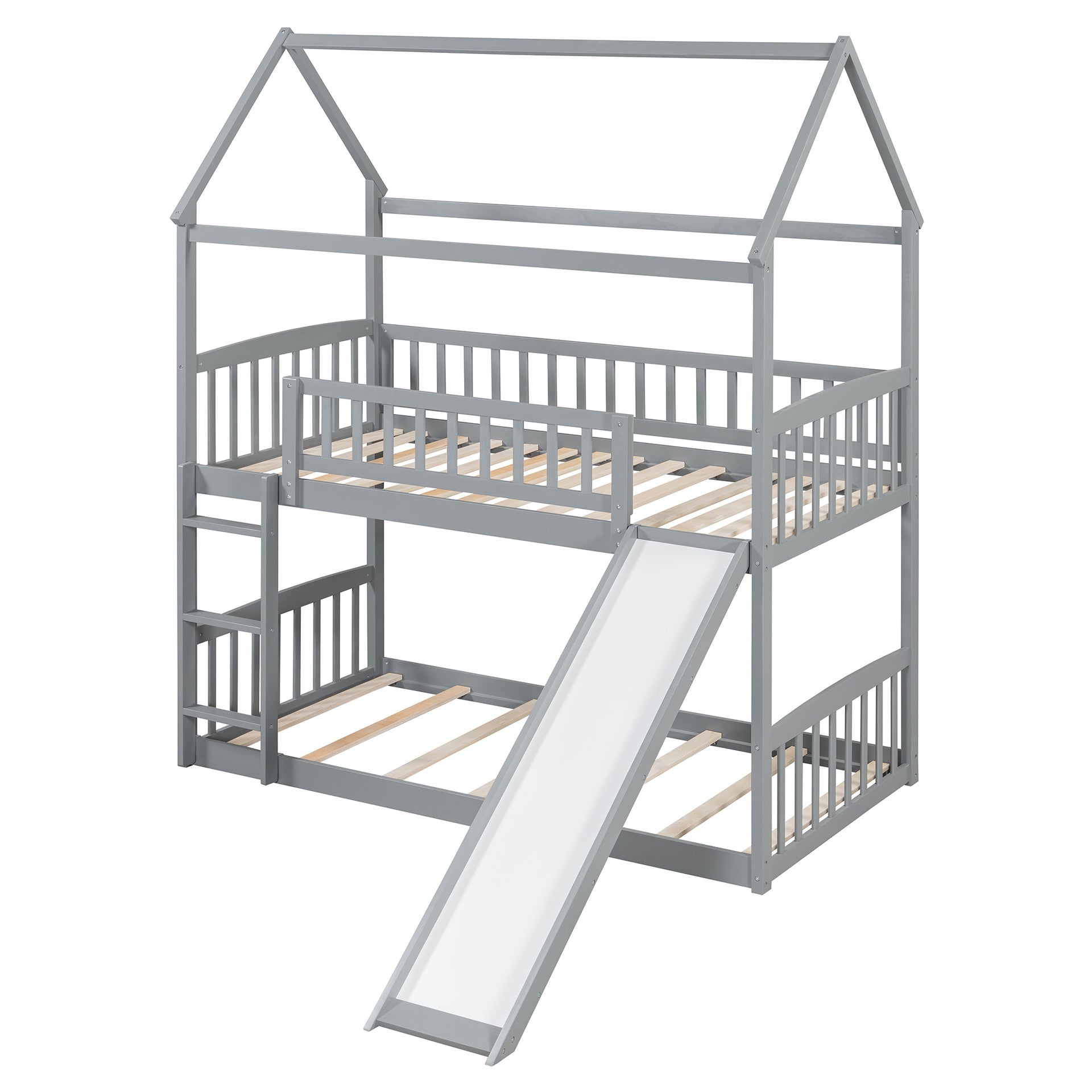 Twin Over Twin Bunk Bed with Slide, House Bed with Slide, Gray(OLD SKU: LT100213AAE)