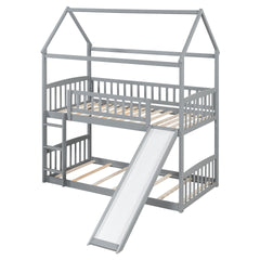 Twin Over Twin Bunk Bed with Slide, House Bed with Slide, Gray(OLD SKU: LT100213AAE)