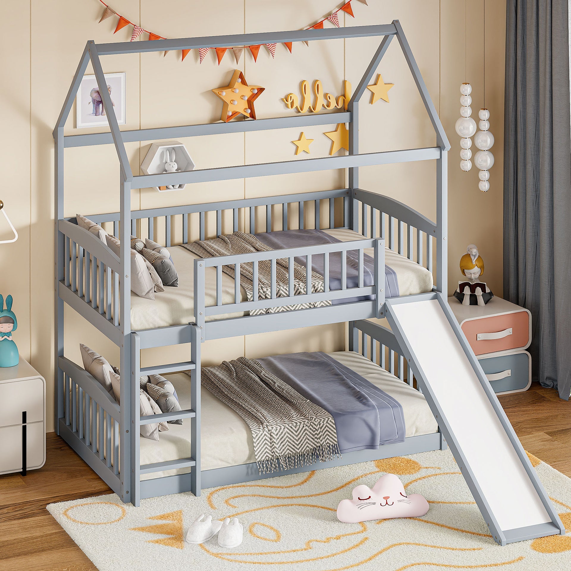 Twin Over Twin Bunk Bed with Slide, House Bed with Slide, Gray(OLD SKU: LT100213AAE)