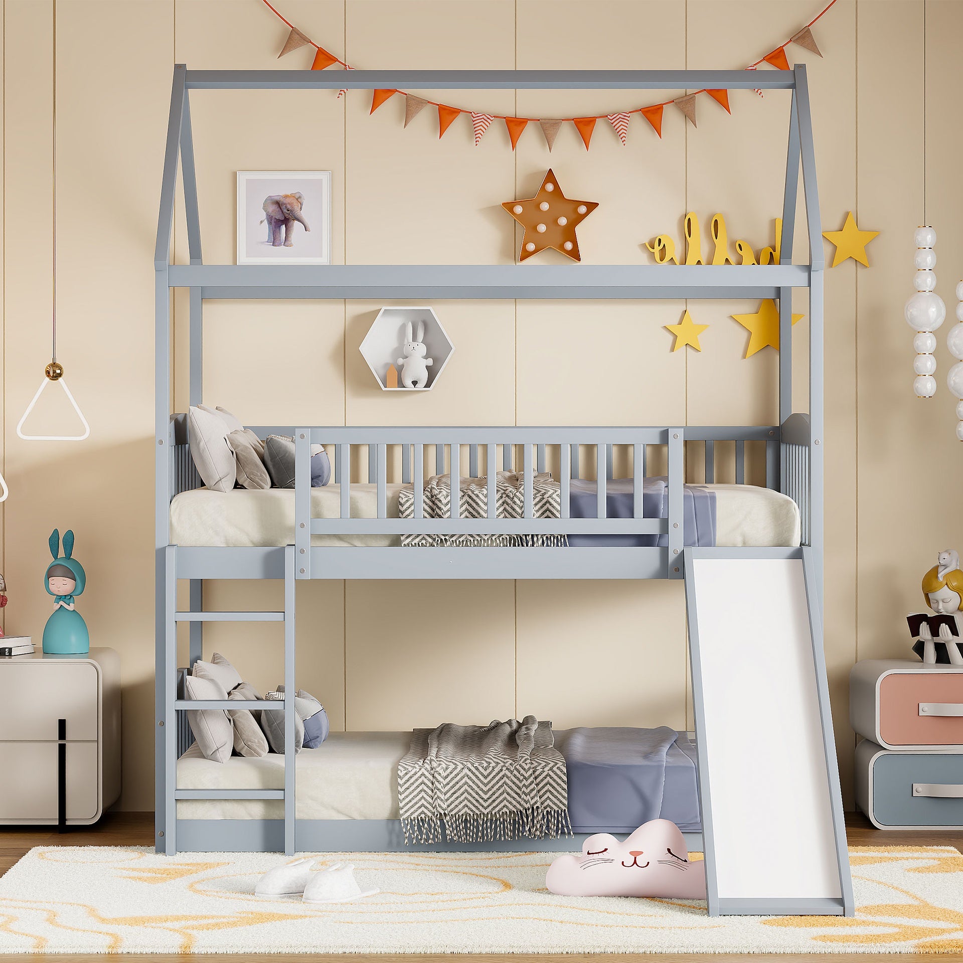 Twin Over Twin Bunk Bed with Slide, House Bed with Slide, Gray(OLD SKU: LT100213AAE)