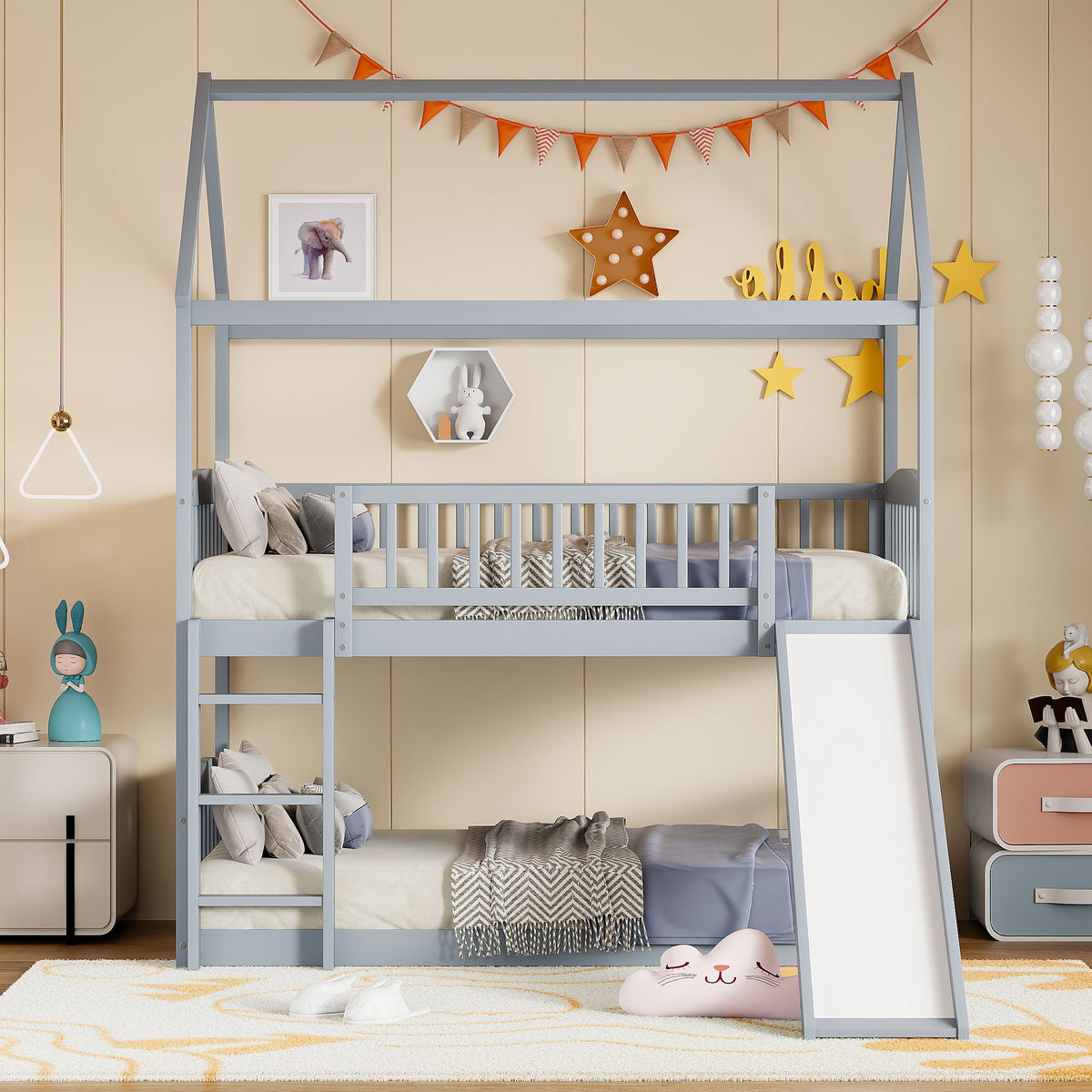 Twin Over Twin Bunk Bed with Slide, House Bed with Slide, Gray(OLD SKU: LT100213AAE)