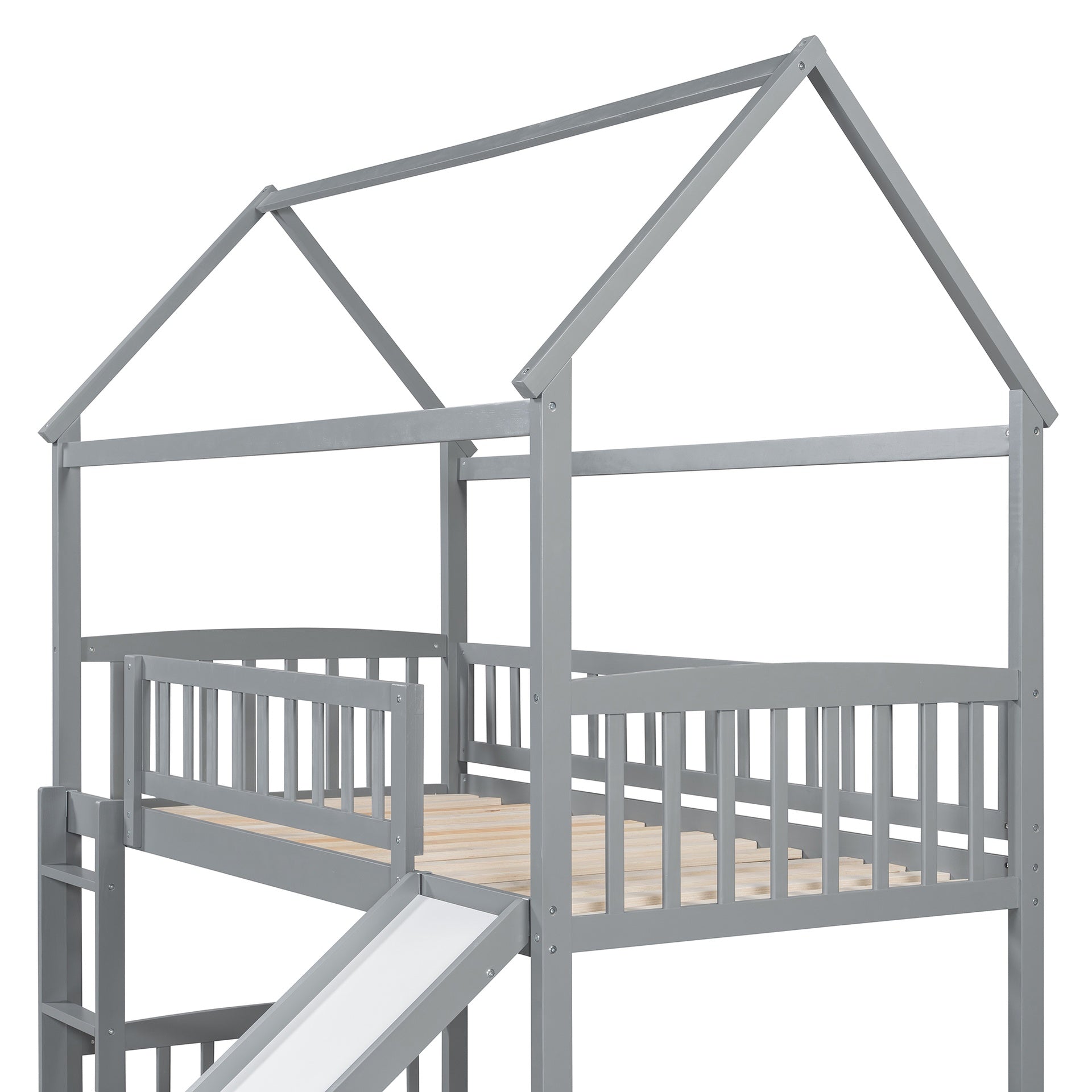 Twin Over Twin Bunk Bed with Slide, House Bed with Slide, Gray(OLD SKU: LT100213AAE)
