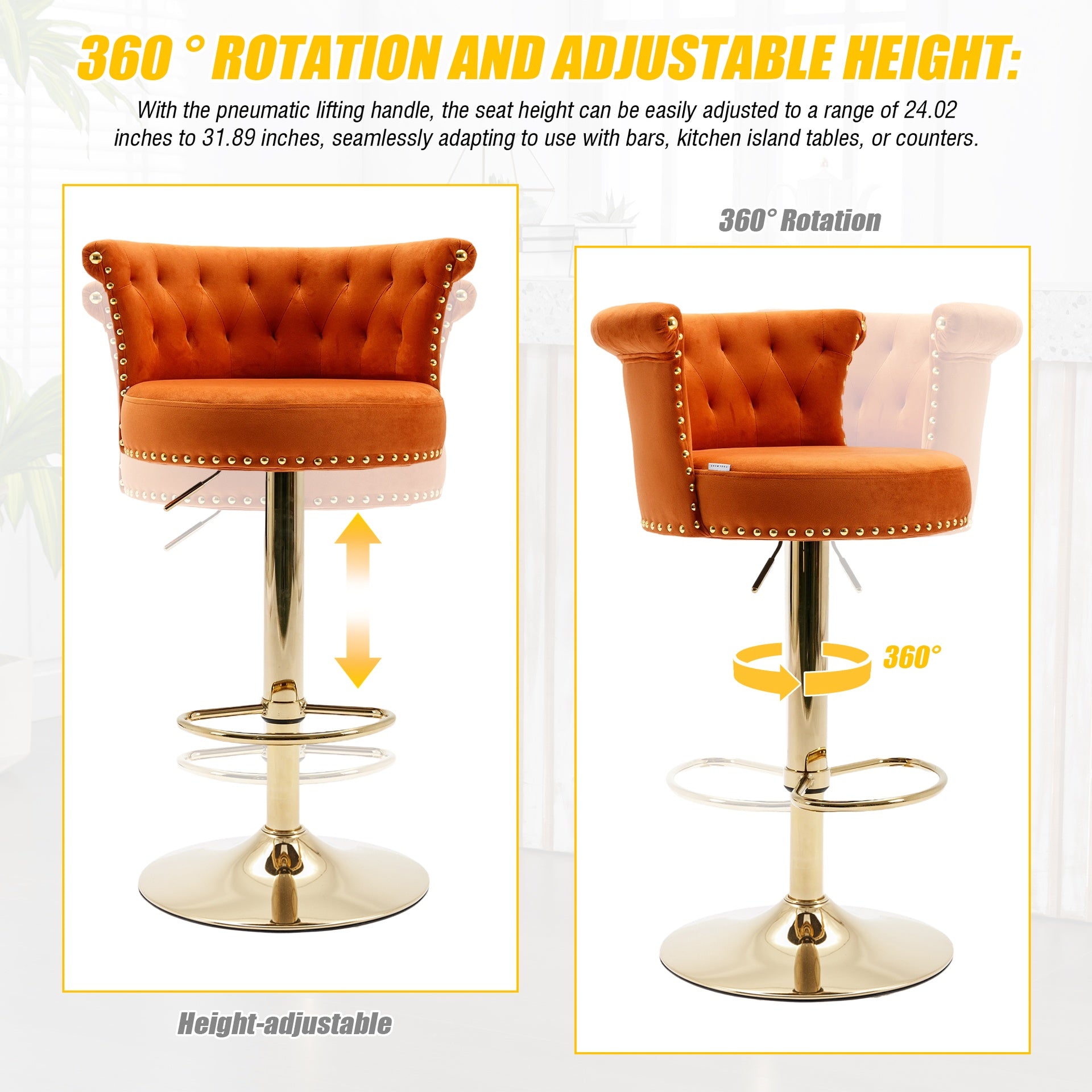 UNITED WE WIN Velvet 360 ° Rotating Bar Chair, Handmade Backrest with One Click Adjustable Height Bar Chair, Very Soft Pillow Kitchen Dining Chair, Modern Bar Chair on Kitchen Island, Cafe 2PC/SET