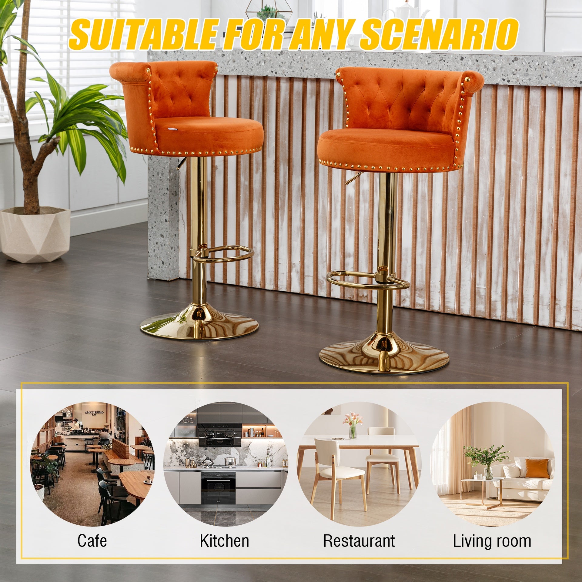 UNITED WE WIN Velvet 360 ° Rotating Bar Chair, Handmade Backrest with One Click Adjustable Height Bar Chair, Very Soft Pillow Kitchen Dining Chair, Modern Bar Chair on Kitchen Island, Cafe 2PC/SET