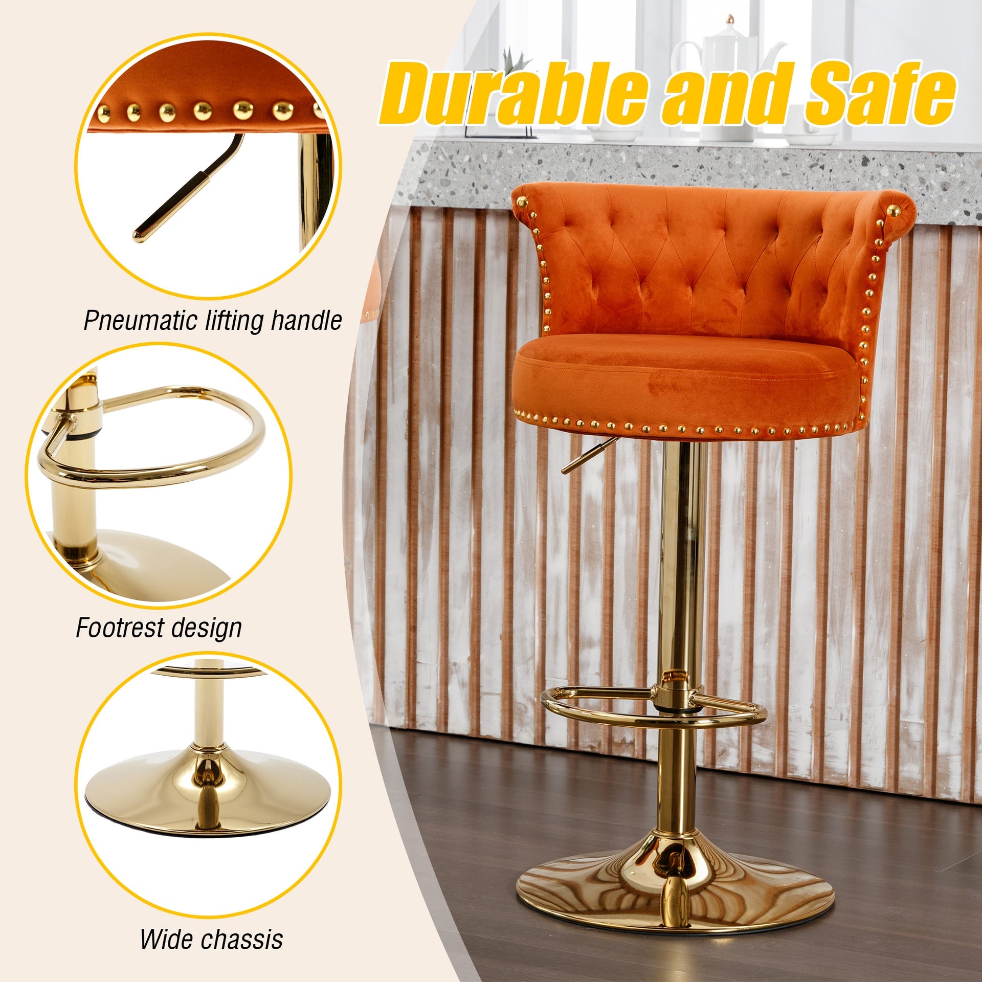 UNITED WE WIN Velvet 360 ° Rotating Bar Chair, Handmade Backrest with One Click Adjustable Height Bar Chair, Very Soft Pillow Kitchen Dining Chair, Modern Bar Chair on Kitchen Island, Cafe 2PC/SET