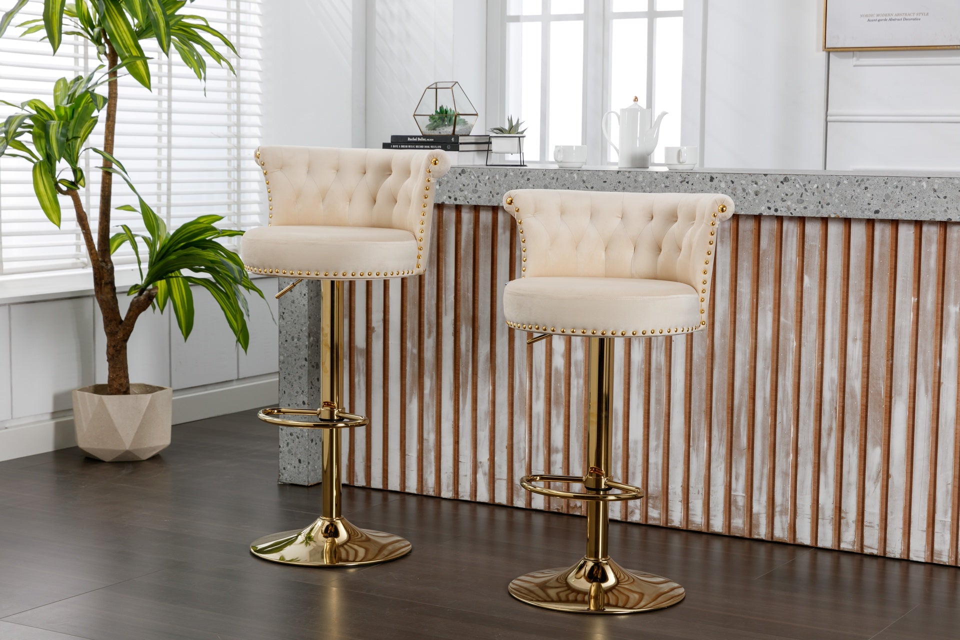 UNITED WE WIN Velvet 360 ° Rotating Bar Chair, Handmade Backrest with One Click Adjustable Height Bar Chair, Very Soft Pillow Kitchen Dining Chair, Modern Bar Chair on Kitchen Island, Cafe 2PC/SET