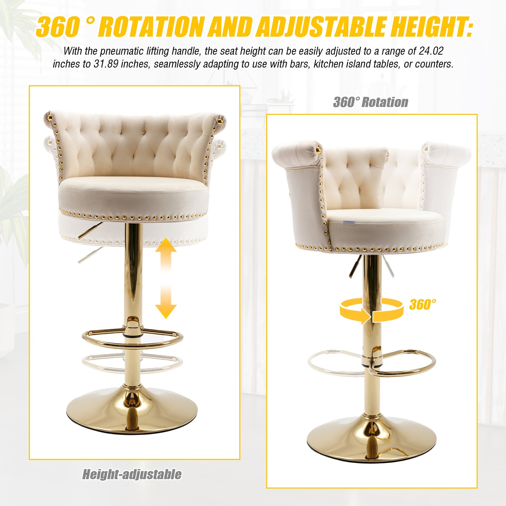 UNITED WE WIN Velvet 360 ° Rotating Bar Chair, Handmade Backrest with One Click Adjustable Height Bar Chair, Very Soft Pillow Kitchen Dining Chair, Modern Bar Chair on Kitchen Island, Cafe 2PC/SET
