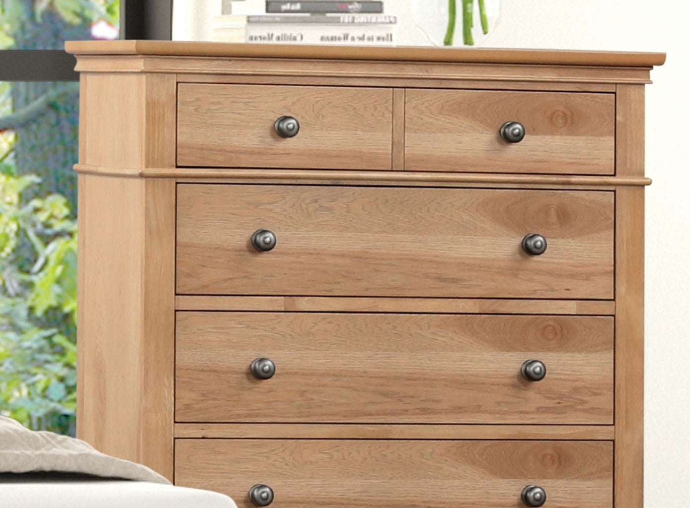 Farmhouse Style 1pc Chest 6-English Dovetail Drawers Metal Handle Felt Lined Natural Oak Finish