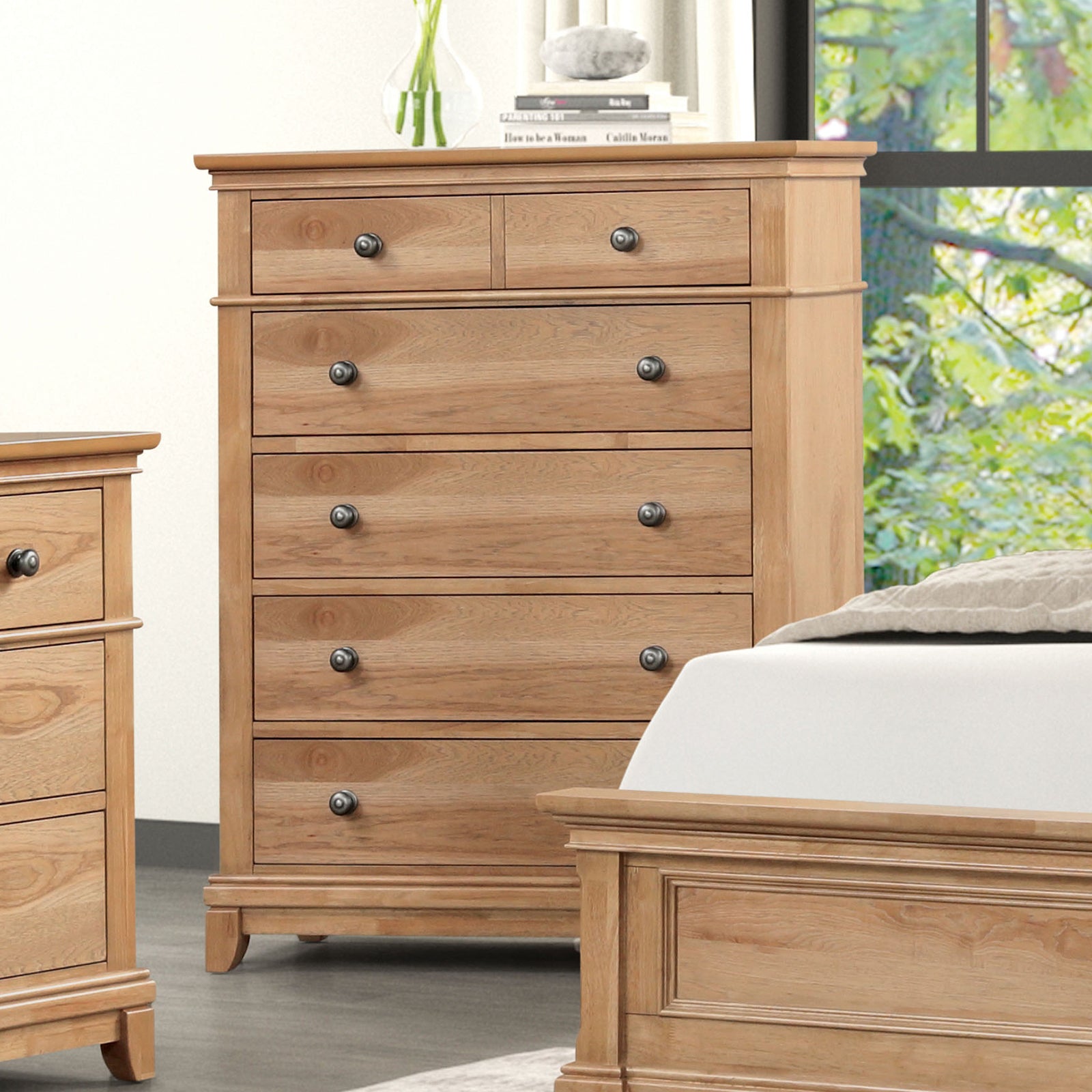 Farmhouse Style 1pc Chest 6-English Dovetail Drawers Metal Handle Felt Lined Natural Oak Finish