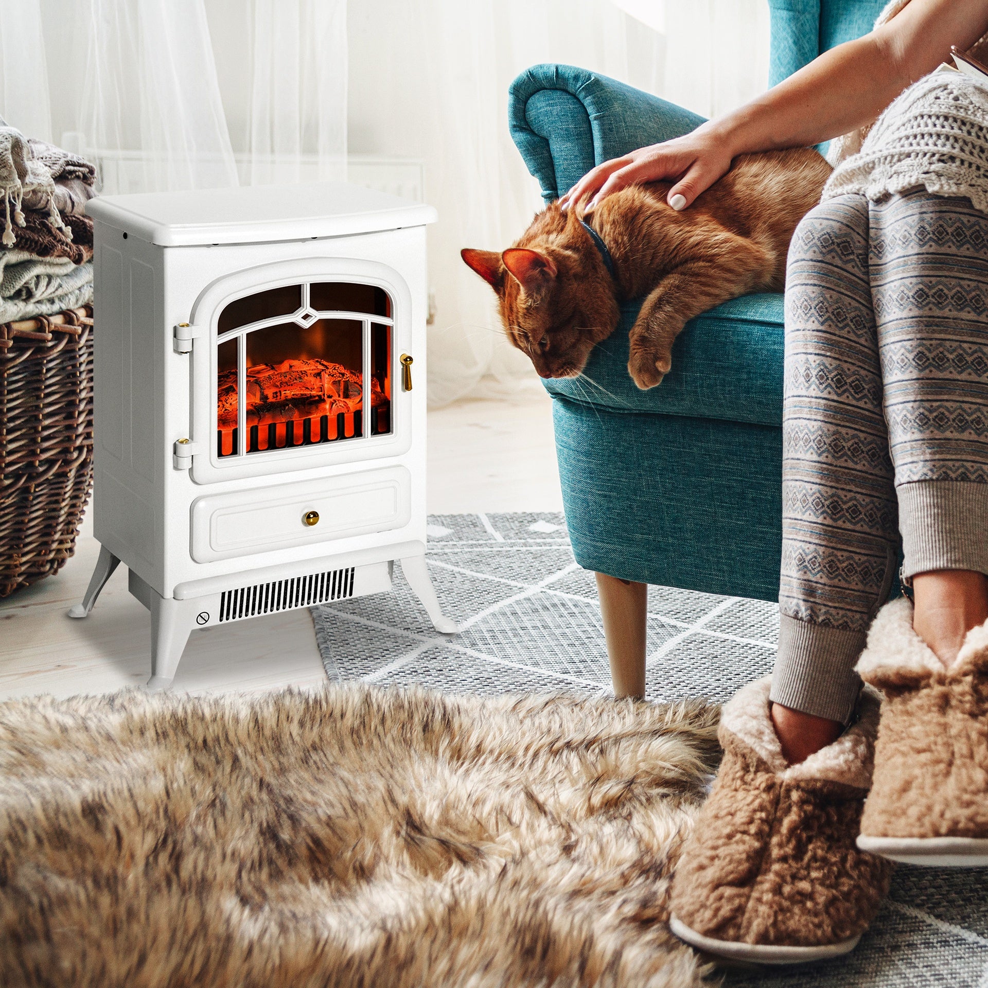 HOMCOM Fireplace Stove, Electric Fireplace Heater with Realistic LED Flames and Logs, 725W/1450W, White