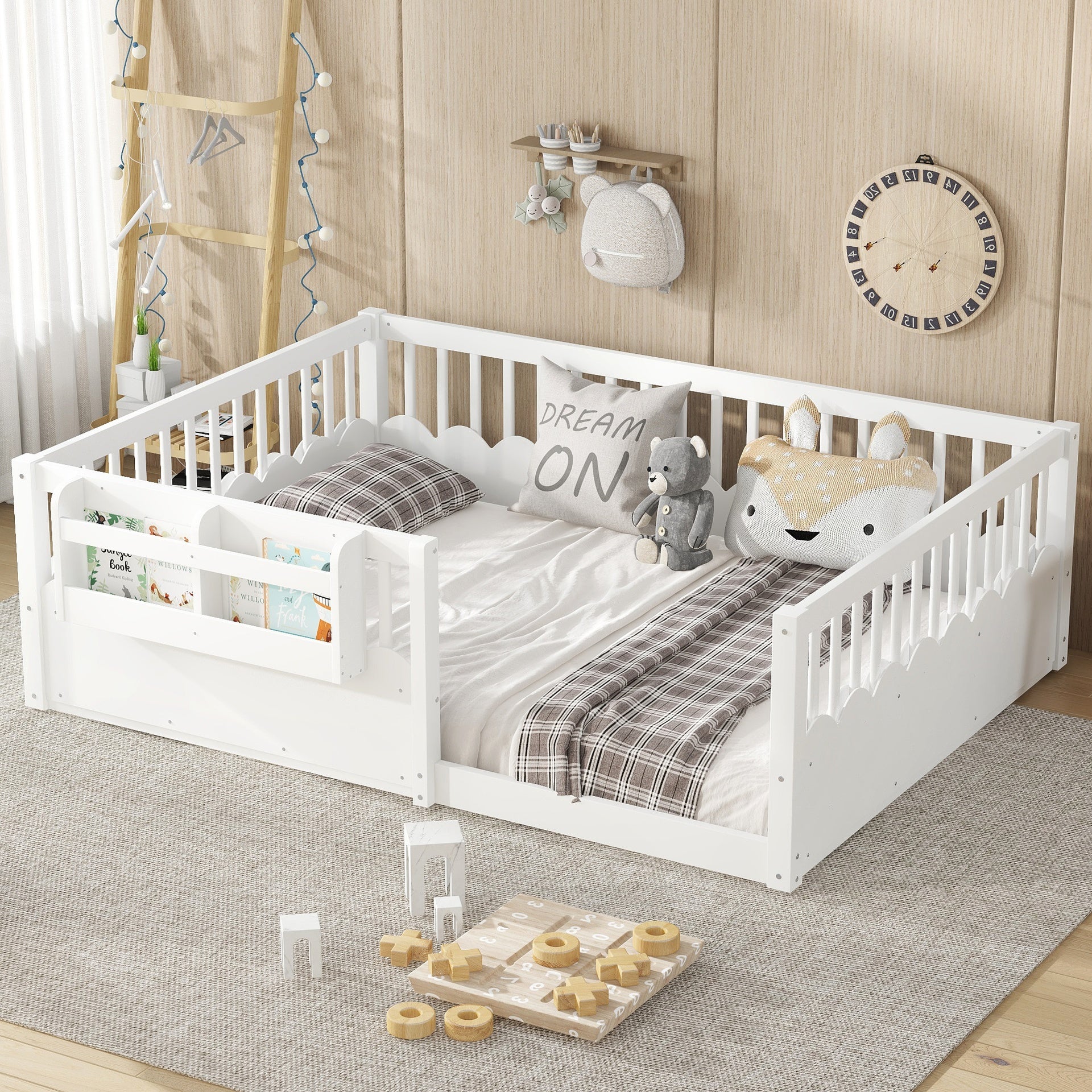 Full  Floor bed with Heightened Fence and bookshelf ,Wood Floor Bed for Kids,White.