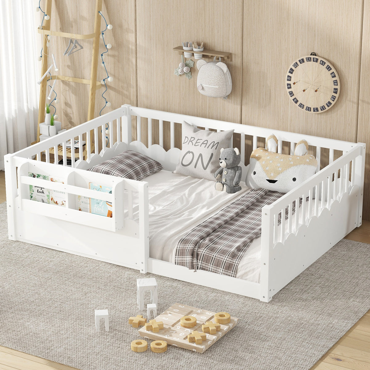 Full  Floor bed with Heightened Fence and bookshelf ,Wood Floor Bed for Kids,White.