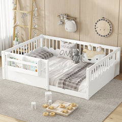 Full  Floor bed with Heightened Fence and bookshelf ,Wood Floor Bed for Kids,White.