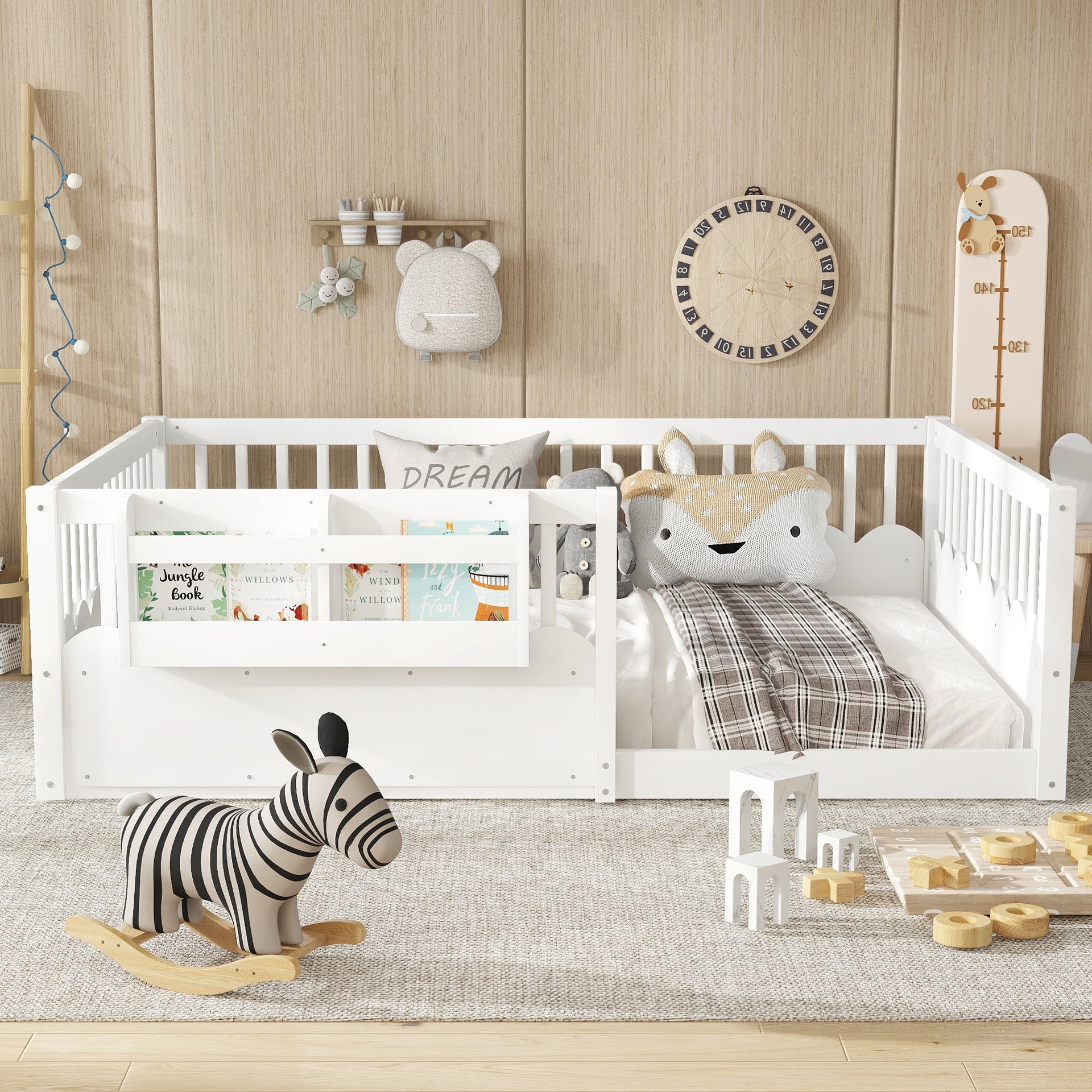 Full  Floor bed with Heightened Fence and bookshelf ,Wood Floor Bed for Kids,White.