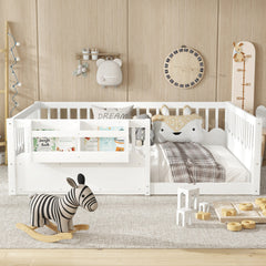 Full  Floor bed with Heightened Fence and bookshelf ,Wood Floor Bed for Kids,White.