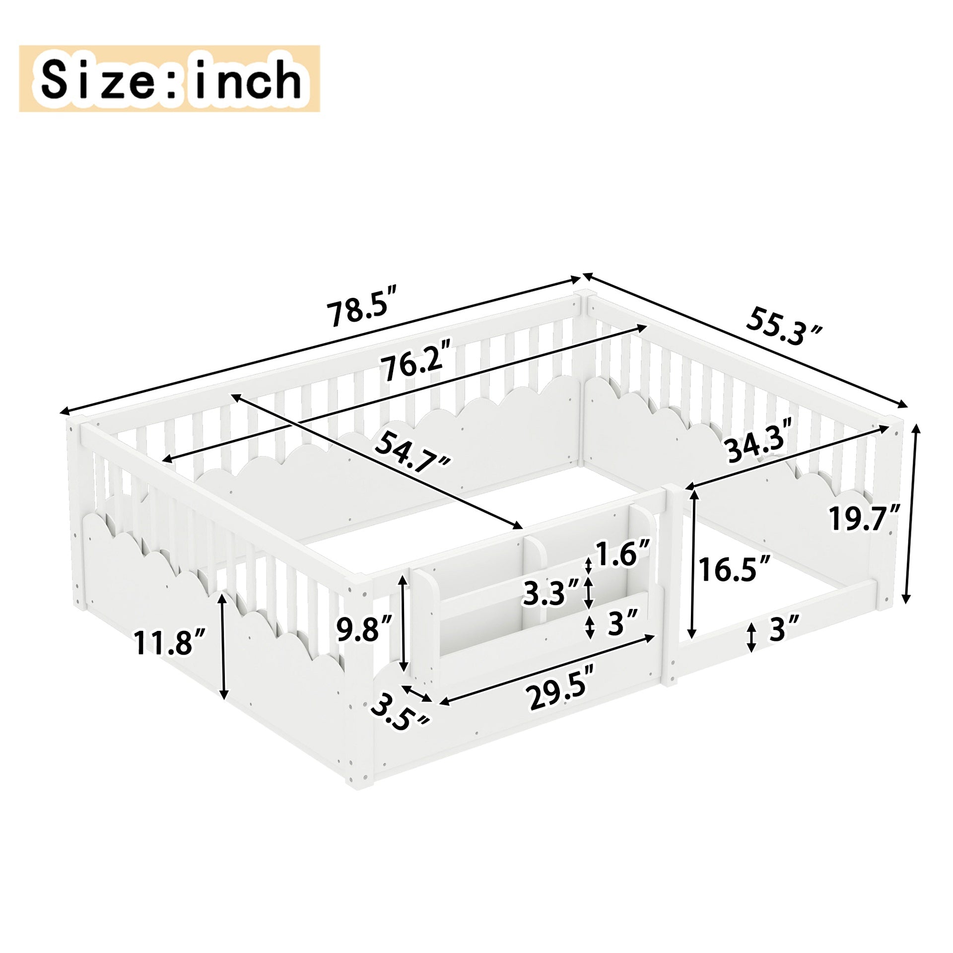 Full  Floor bed with Heightened Fence and bookshelf ,Wood Floor Bed for Kids,White.