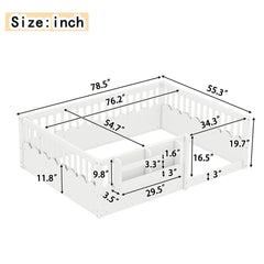 Full  Floor bed with Heightened Fence and bookshelf ,Wood Floor Bed for Kids,White.