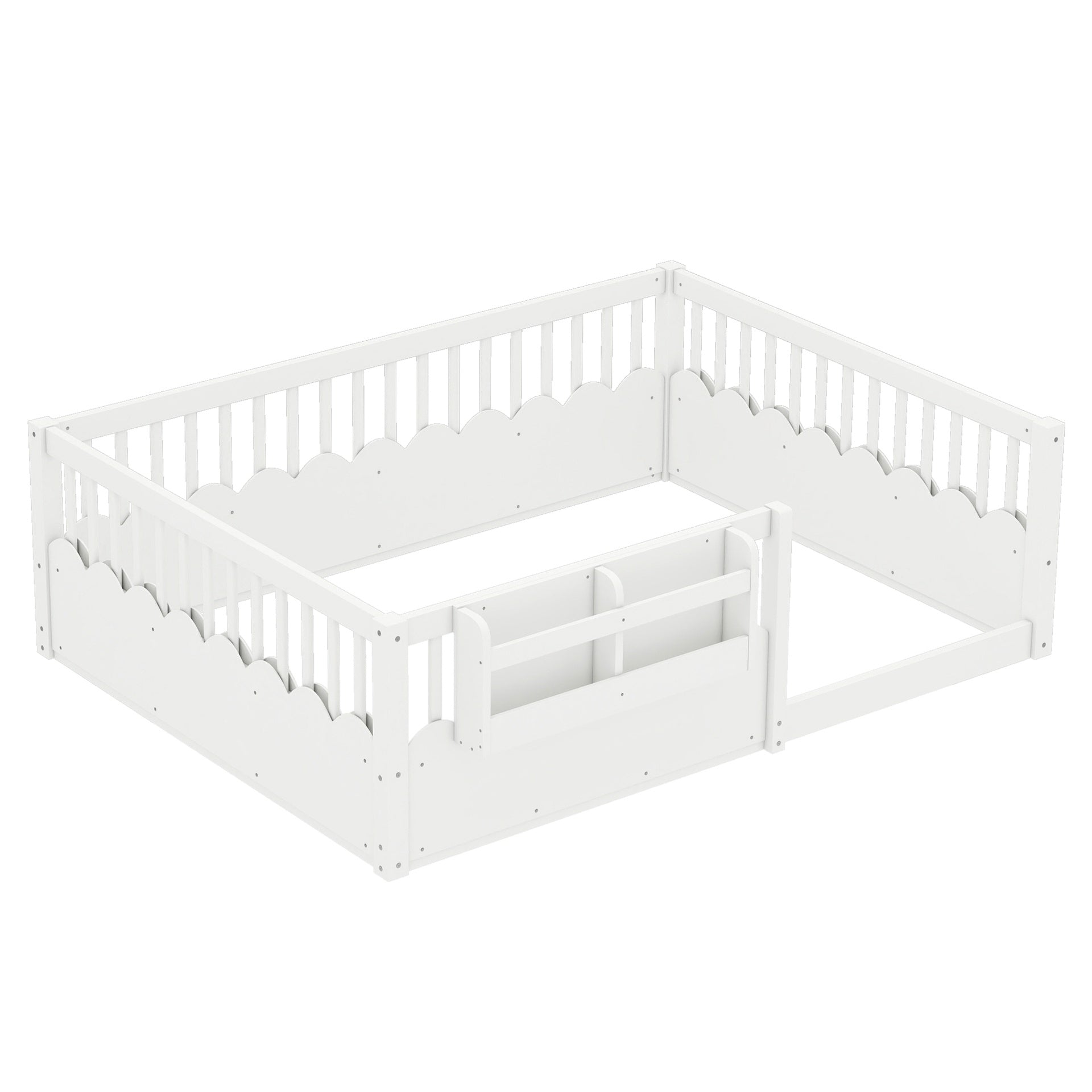 Full  Floor bed with Heightened Fence and bookshelf ,Wood Floor Bed for Kids,White.