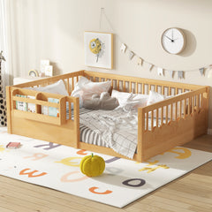 Full Floor bed with Heightened Fence and bookshelf ,Wood Floor Bed for Kids,Natural.