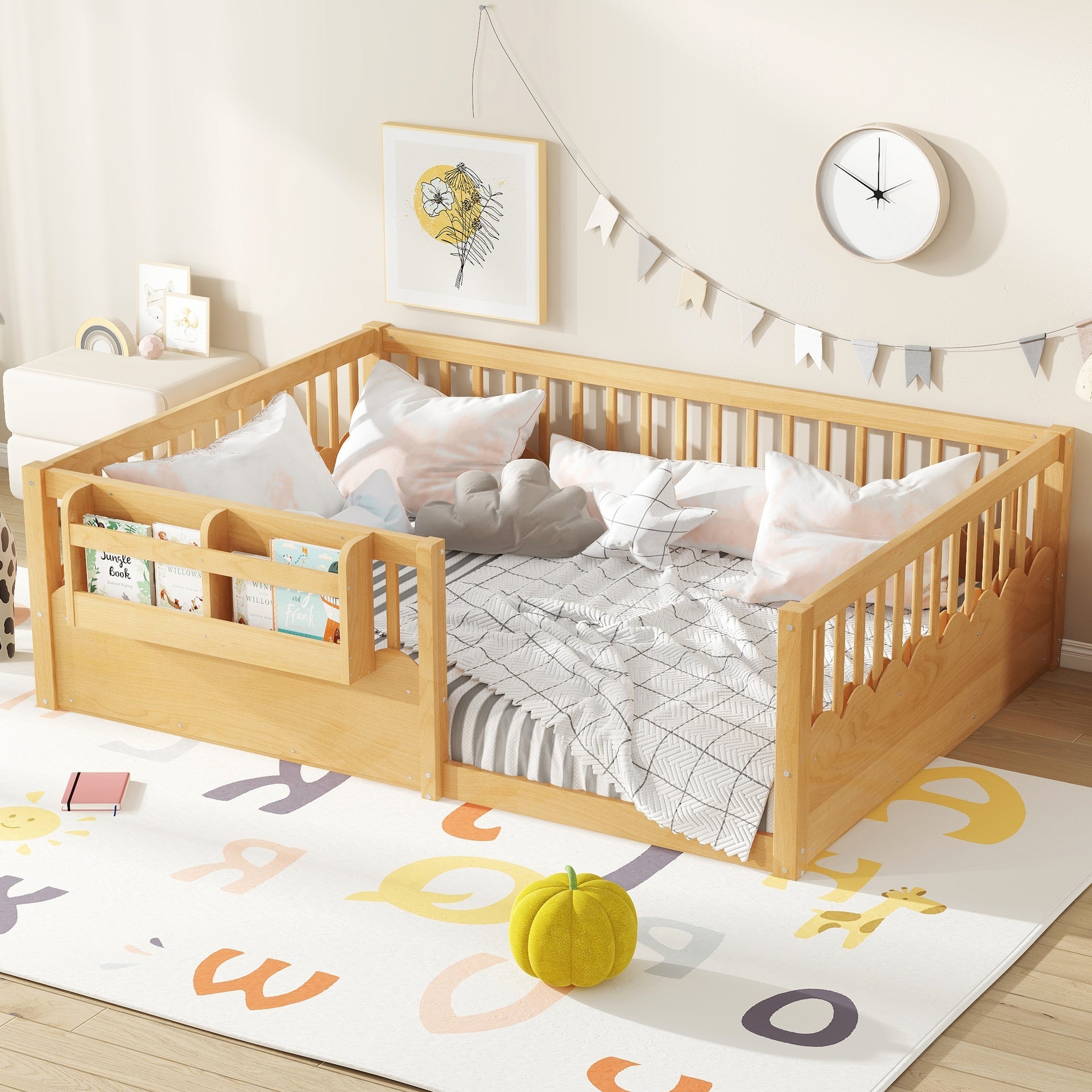 Full Floor bed with Heightened Fence and bookshelf ,Wood Floor Bed for Kids,Natural.