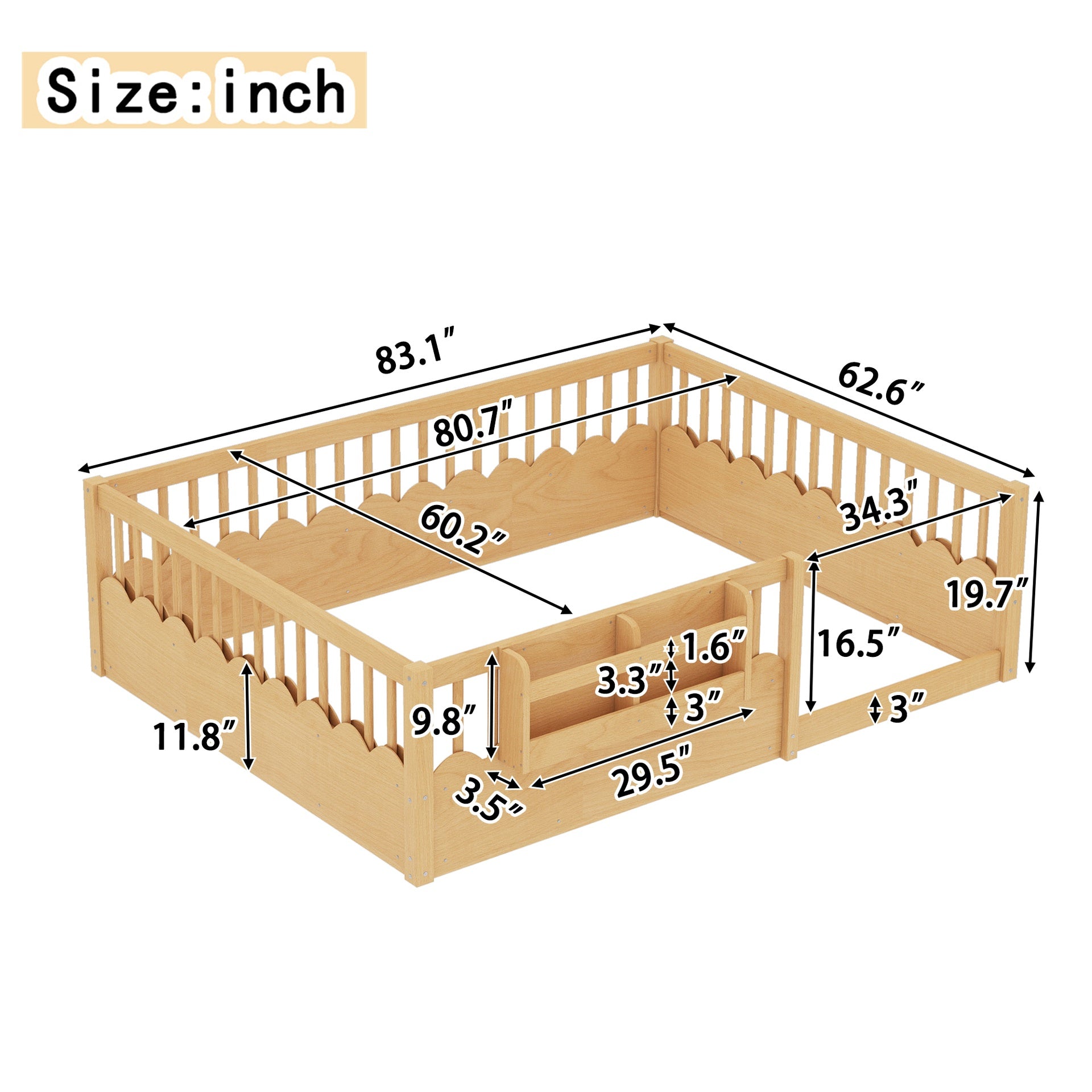 Queen Floor bed with Heightened Fence and bookshelf ,Wood Floor Bed for Kids, Natural.