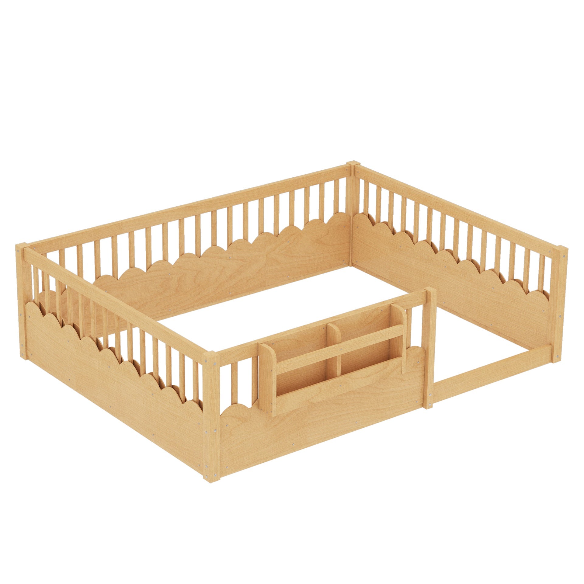 Queen Floor bed with Heightened Fence and bookshelf ,Wood Floor Bed for Kids, Natural.