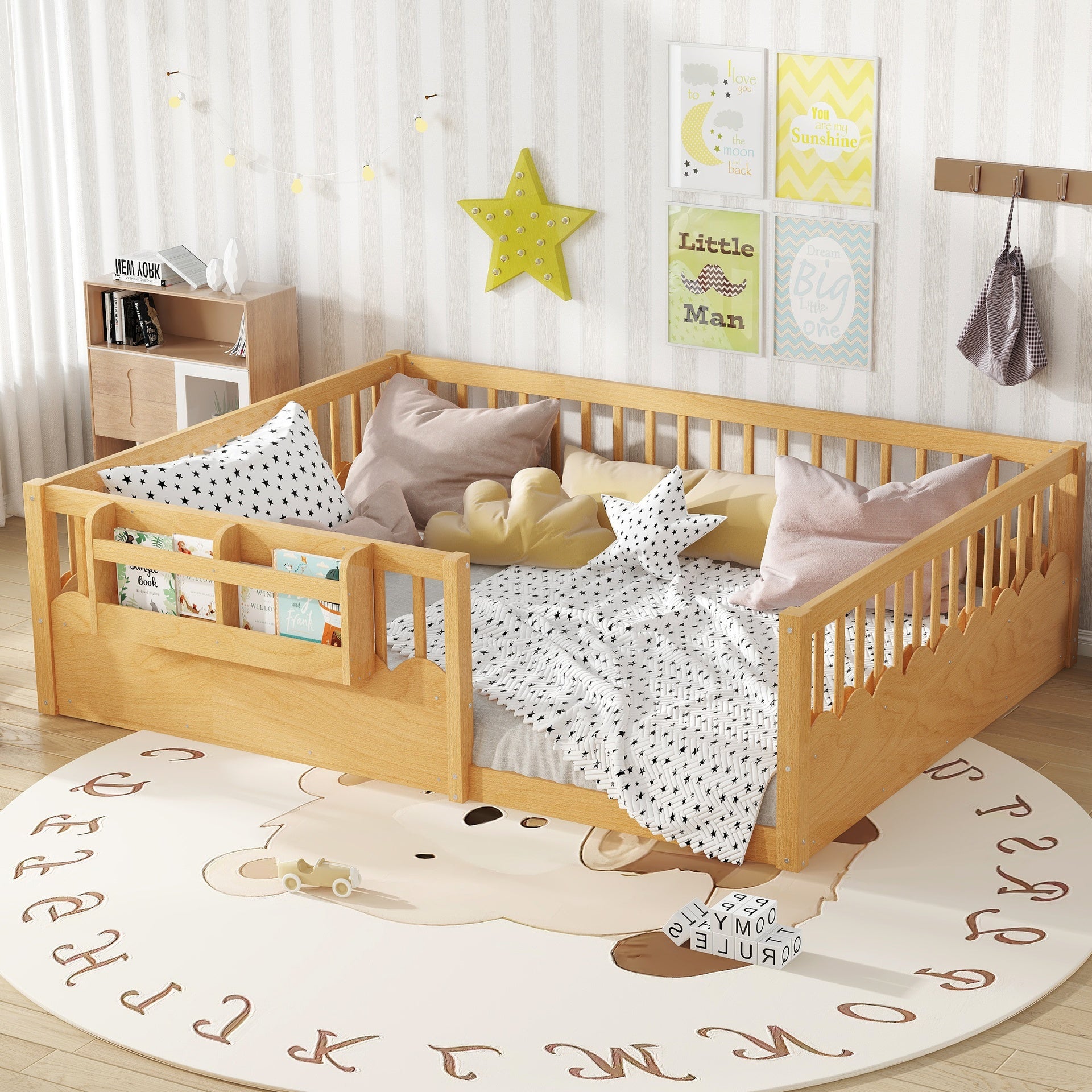 Queen Floor bed with Heightened Fence and bookshelf ,Wood Floor Bed for Kids, Natural.