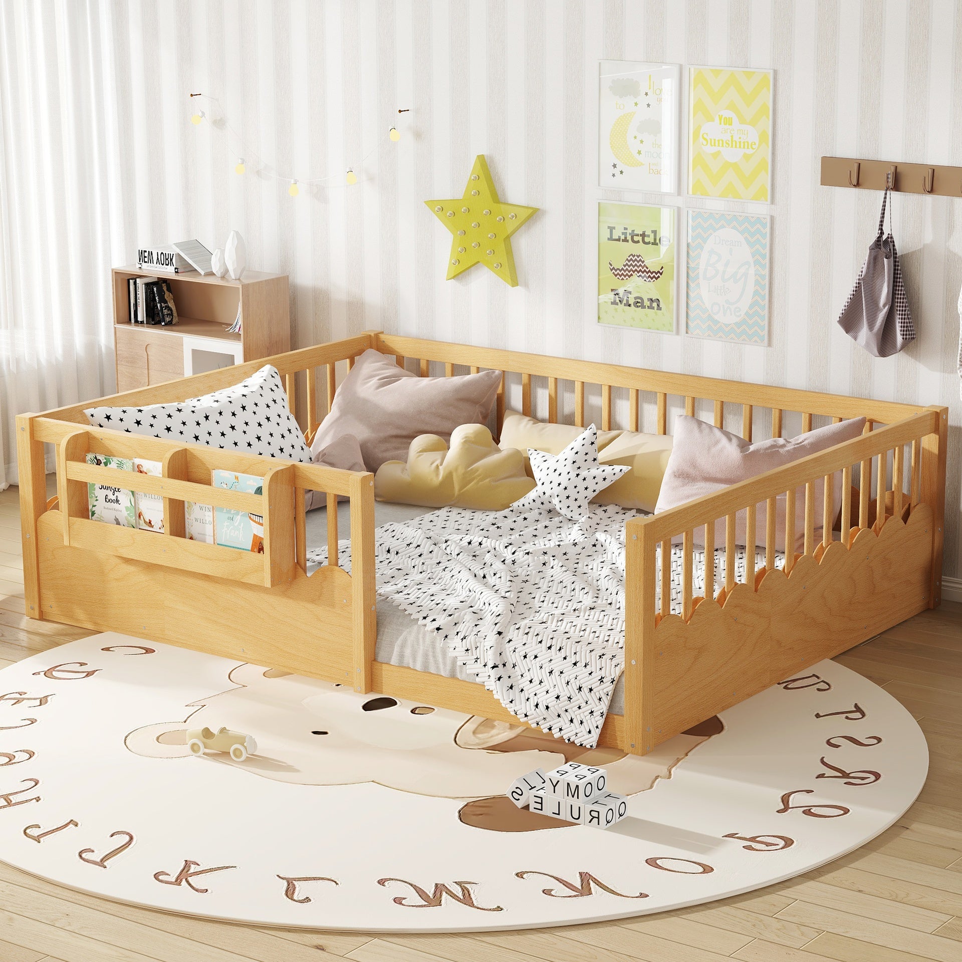 Queen Floor bed with Heightened Fence and bookshelf ,Wood Floor Bed for Kids, Natural.