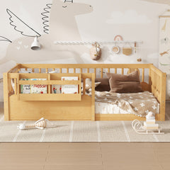 Twin Floor bed with Heightened Fence and bookshelf ,Wood Floor Bed for Kids, Natural.