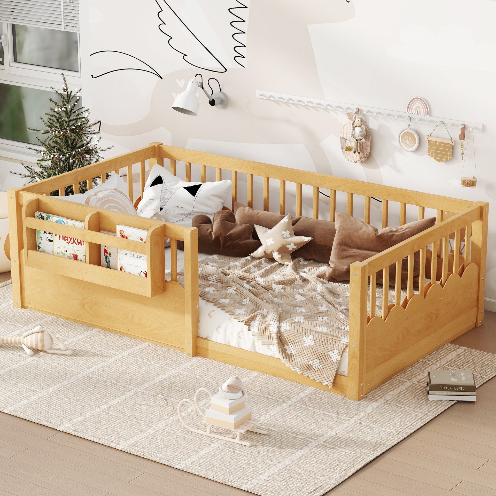 Twin Floor bed with Heightened Fence and bookshelf ,Wood Floor Bed for Kids, Natural.