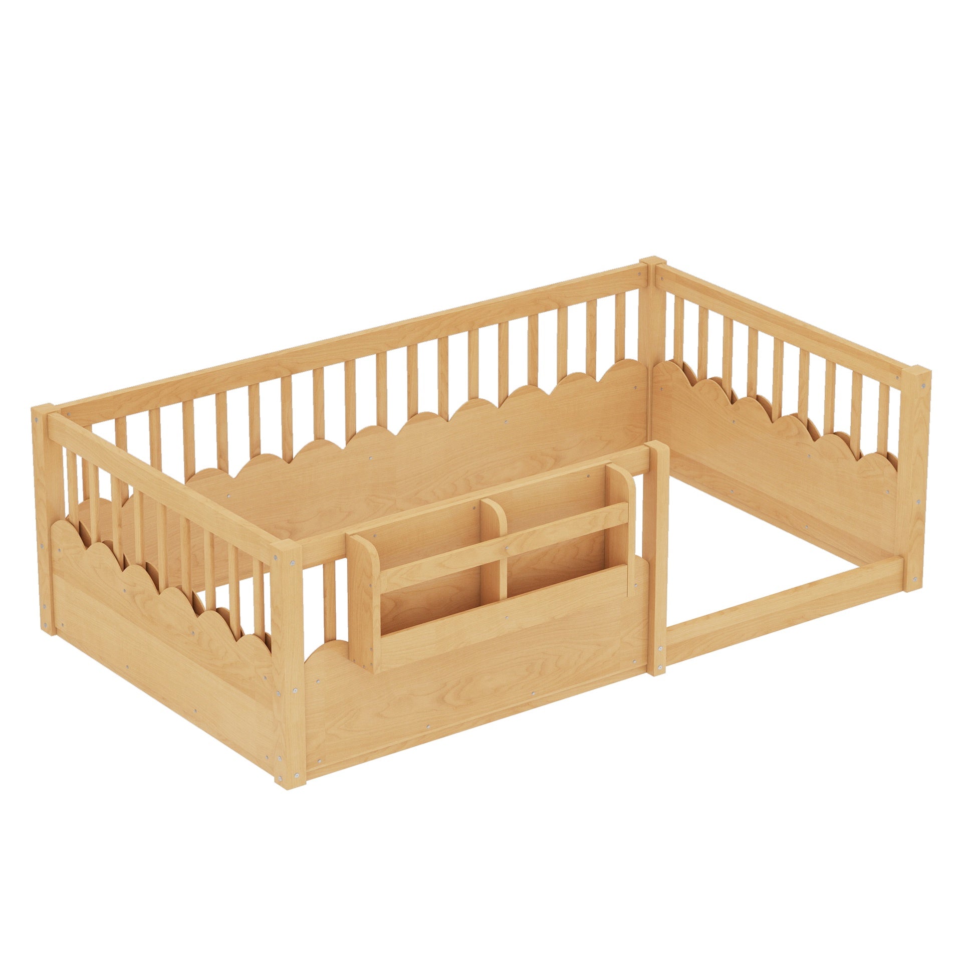 Twin Floor bed with Heightened Fence and bookshelf ,Wood Floor Bed for Kids, Natural.