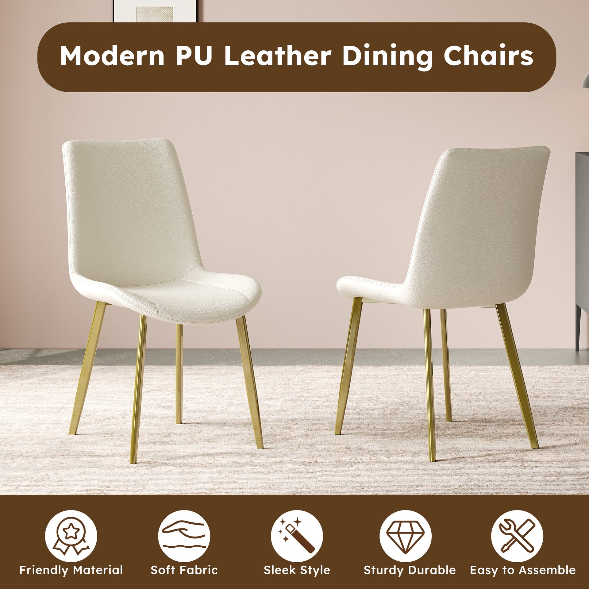 Dining Chairs Set of 4, Modern Design Home Chairs, PU Leather Metal Dining Chairs for Kitchen Dining Room-White