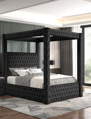 1pc Majestic Canopy Four-poster King Bed Tufted Headboard and Footboard Black Rich Velvet Fabric Bedroom Furniture Modern
